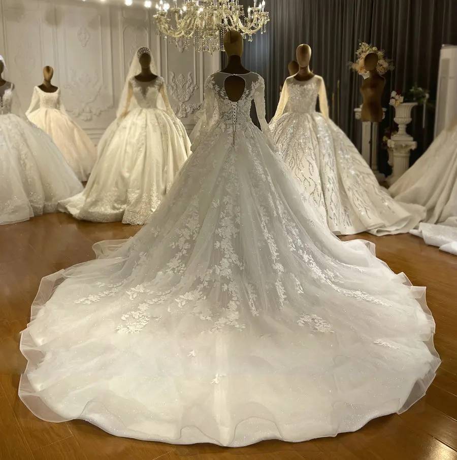 Back view of a beach style wedding gown showcasing an expansive floral lace train and elegant sheer long sleeves.