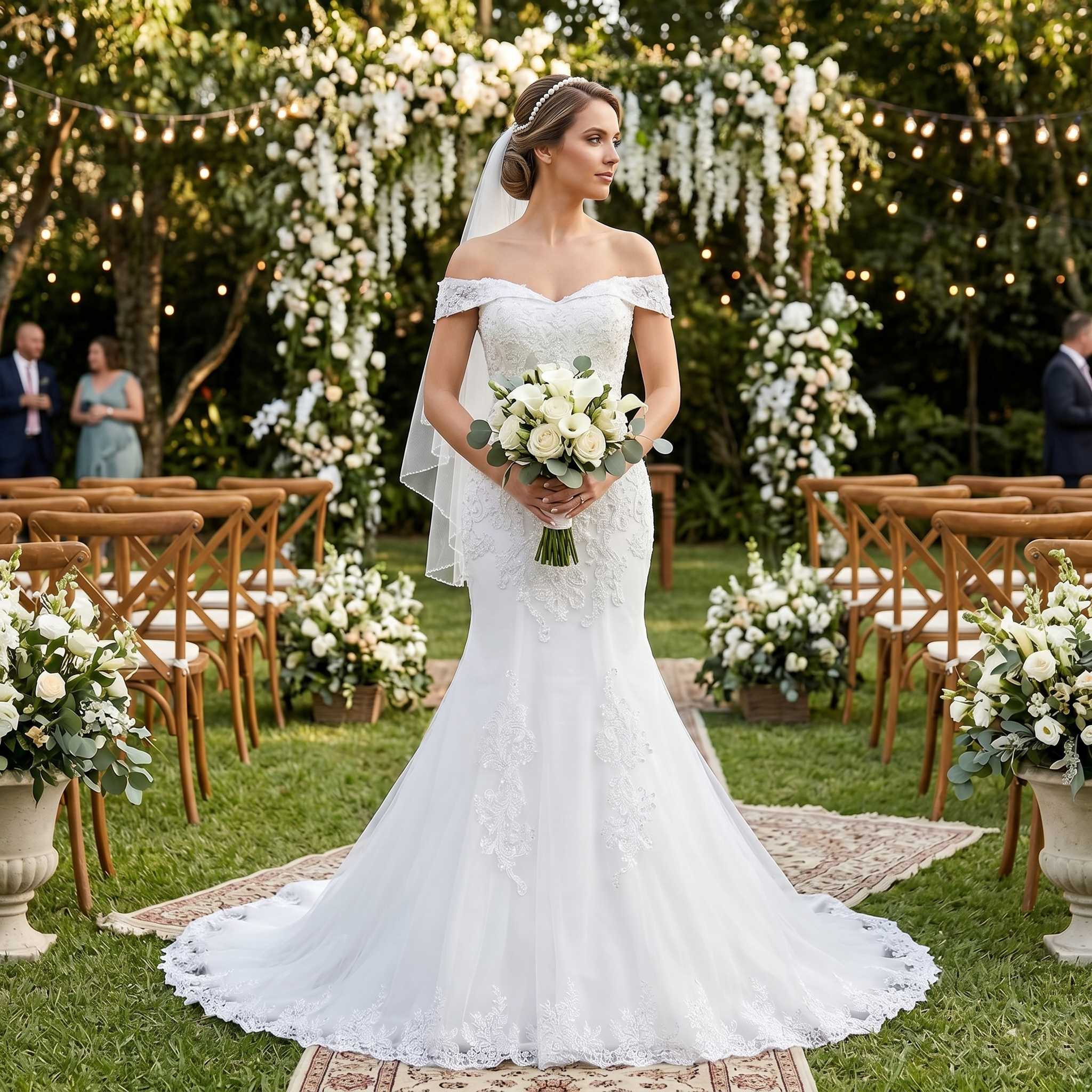 Elegant bride wearing an off-shoulder boat neck mermaid wedding dress, standing in a lush outdoor garden ceremony setting with floral decorations.