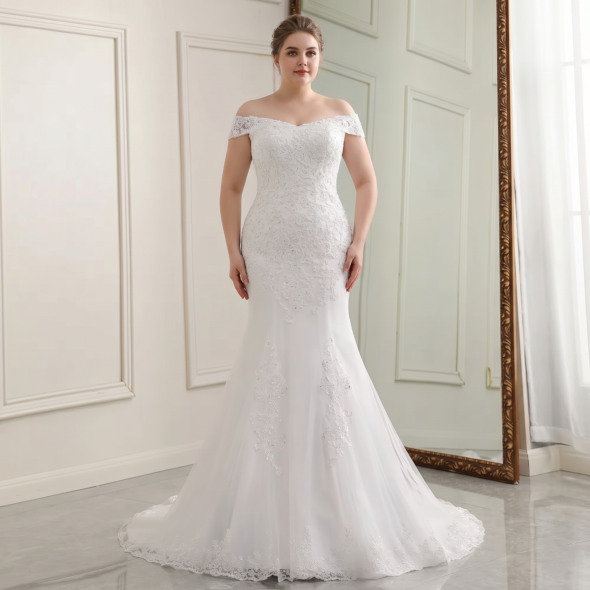 Full-length view of a beautiful bride in an intricate, beaded off-shoulder boat neck mermaid bridal gown.