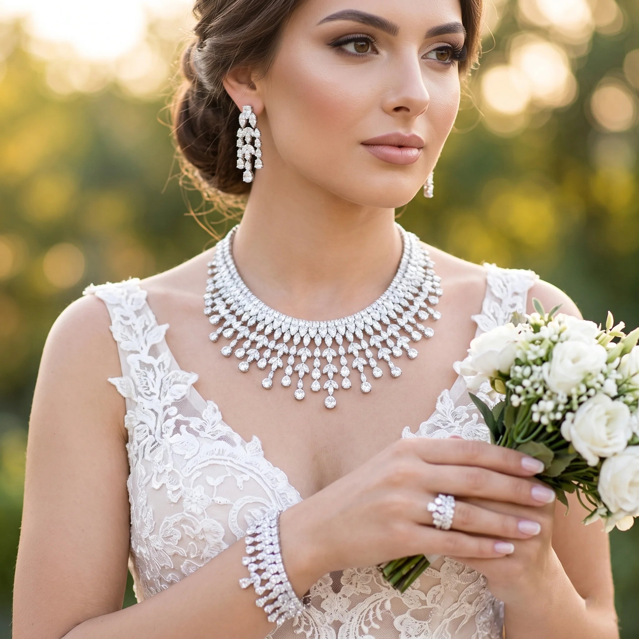 Headshot portrait of a brunette bride looking to the side, wearing a luxurious multi-row cubic zirconia wedding necklace with matching drop earrings, a crystal cluster ring, and a wide tennis-style statement bracelet while holding a white rose bouquet.