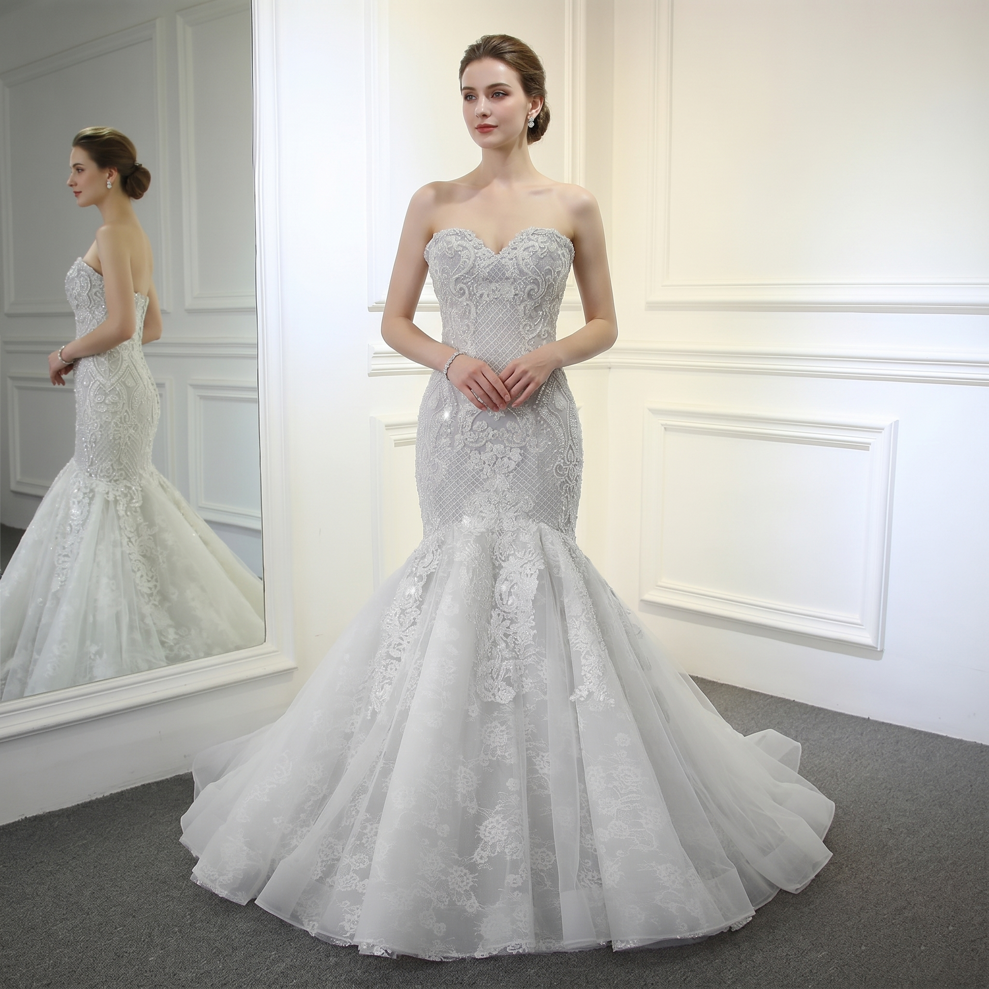 Elegant Champagne Mermaid Bridal Gown Featuring Full Beaded Detailing, White / 50cm / 2