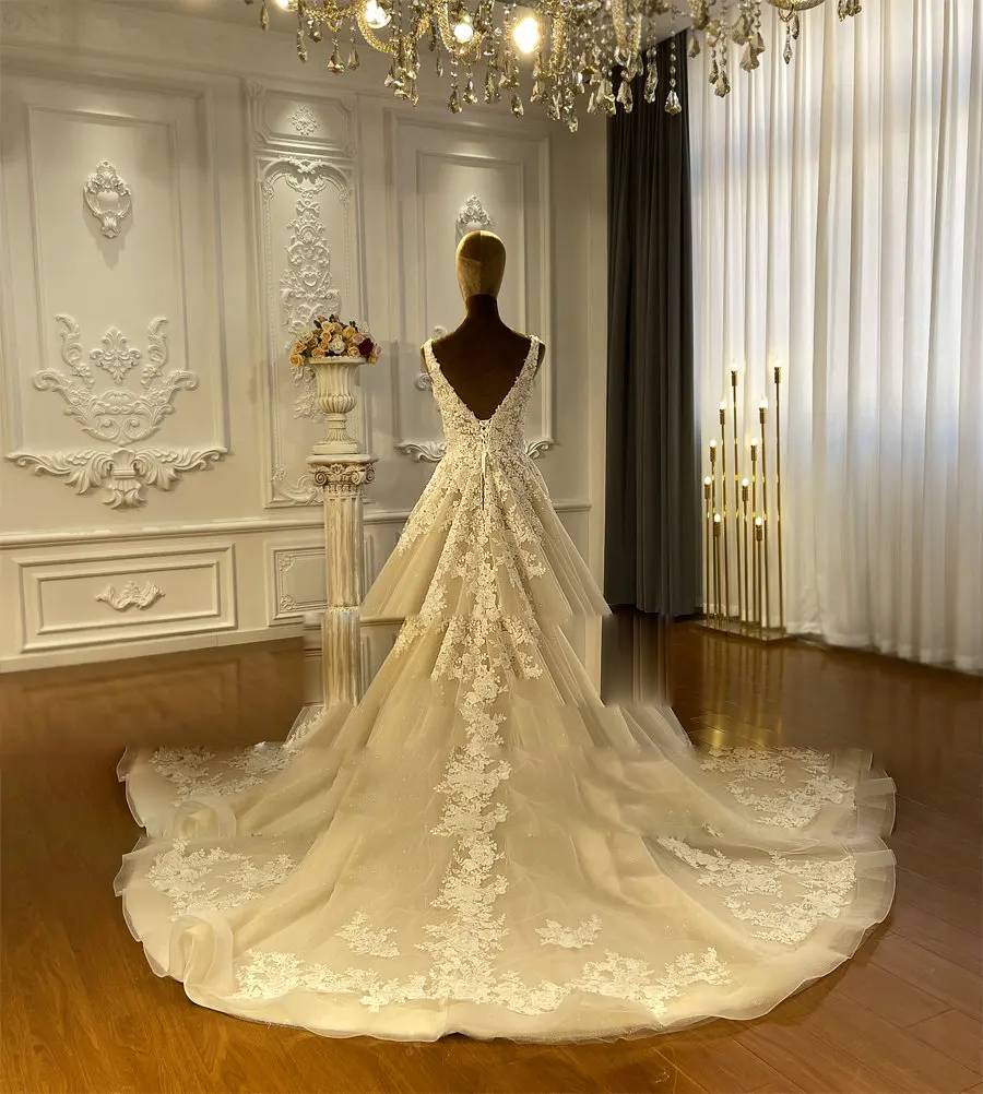 Back view of the champagne wedding dress on a mannequin, featuring a deep V-back, tiered lace detail, and a long lace applique train.