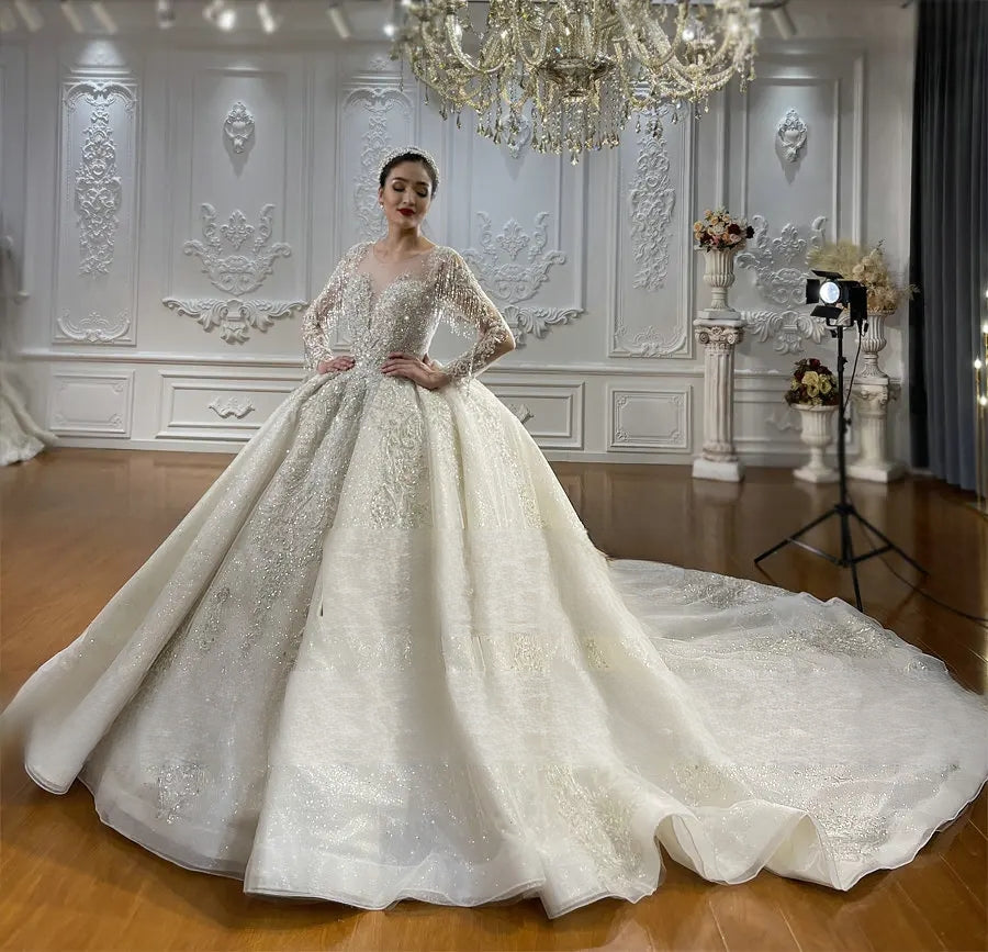Side profile of a vintage ball gown bridal dress on a bride, demonstrating the structural volume of the lace-covered skirt and shimmering silver appliqués.
