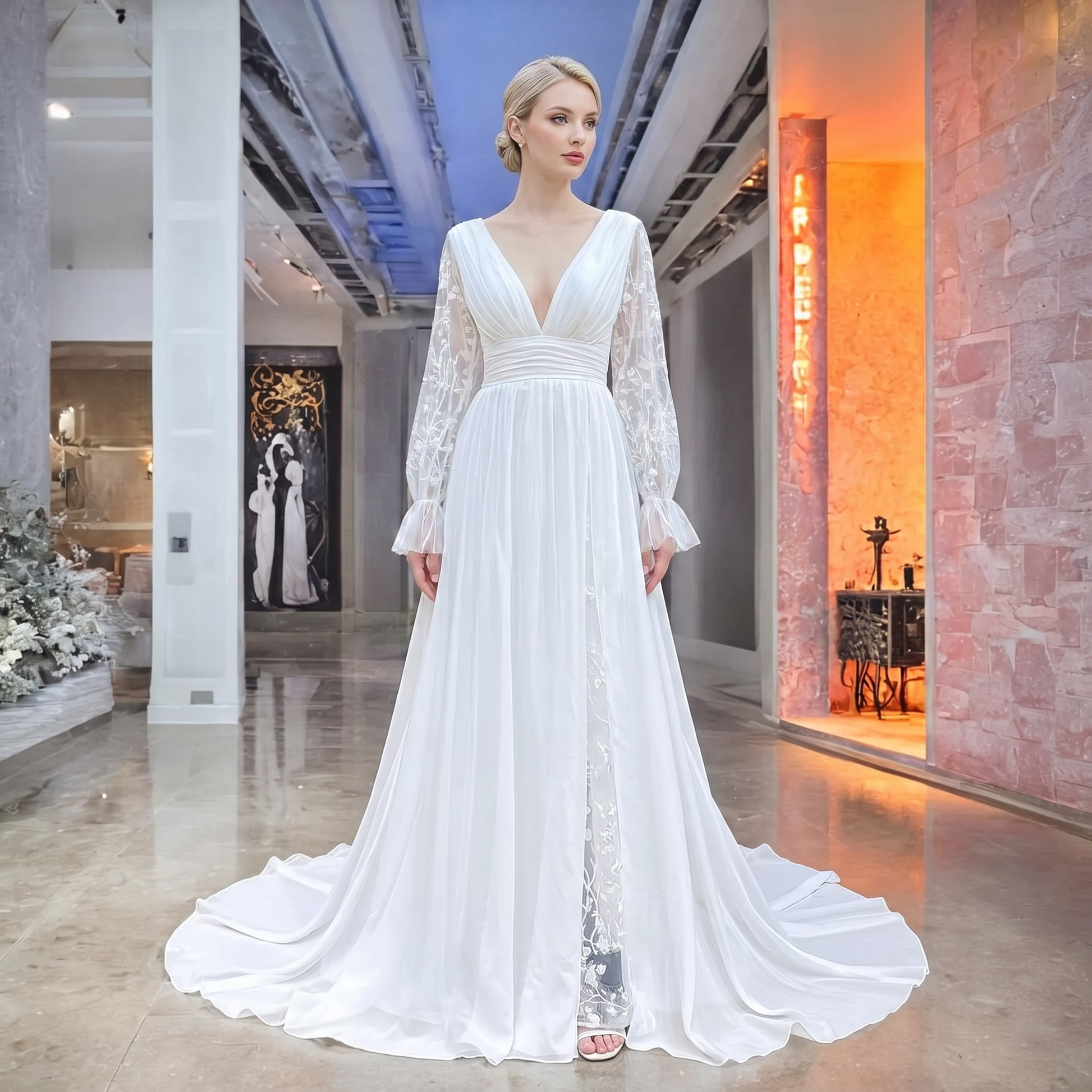 Elegant bride modeling a white lace and chiffon beach wedding dress with a deep V-neckline, long sheer floral sleeves, and a high leg slit.