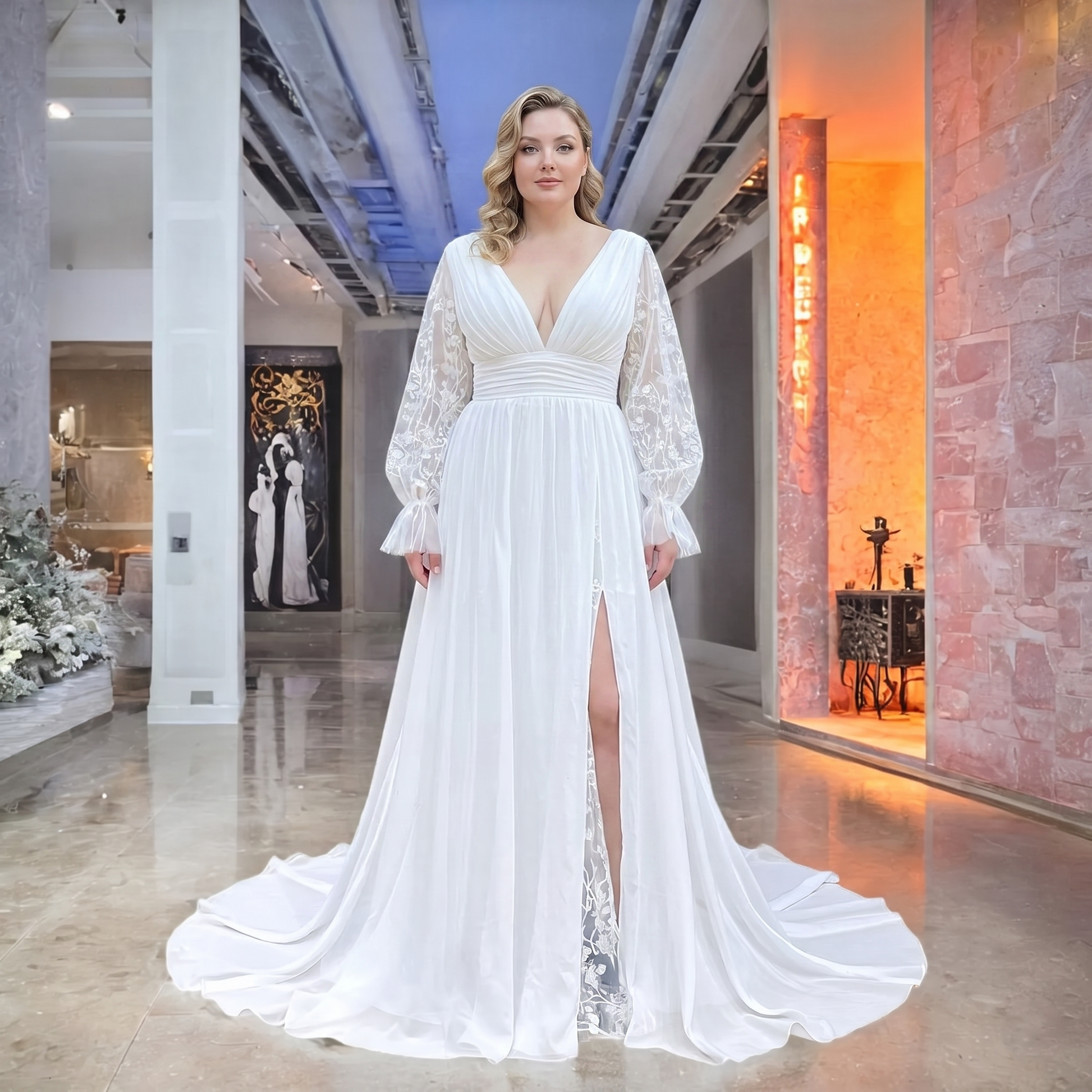Plus-size bridal gown showcase featuring an elegant chiffon wedding dress with plunging neckline, long lace sleeves, and a flowing skirt with a slit.