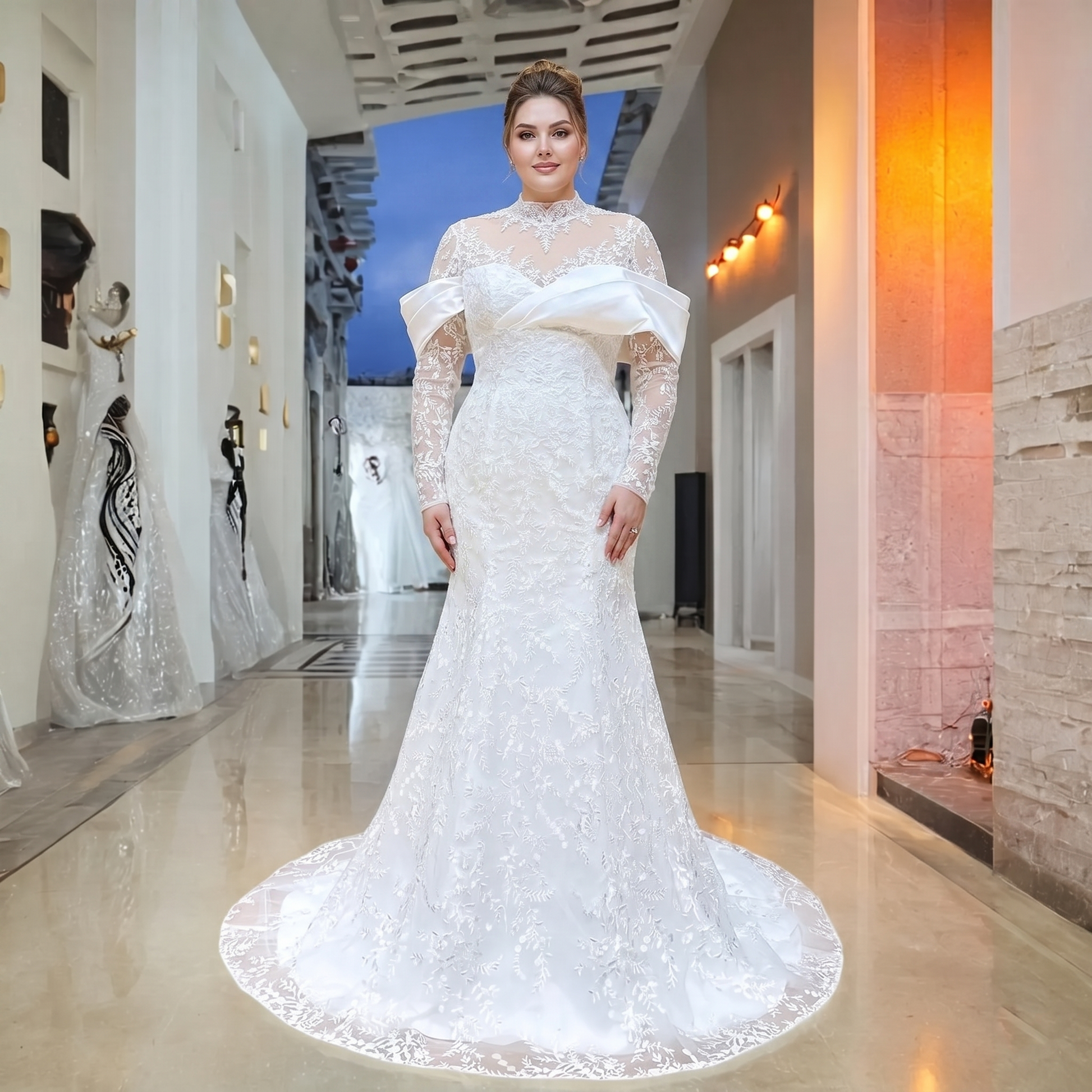 Full-length front view of a plus-size model showcasing an elegant long sleeve lace mermaid wedding dress featuring a high illusion O-neck and stylish satin draped detailing.