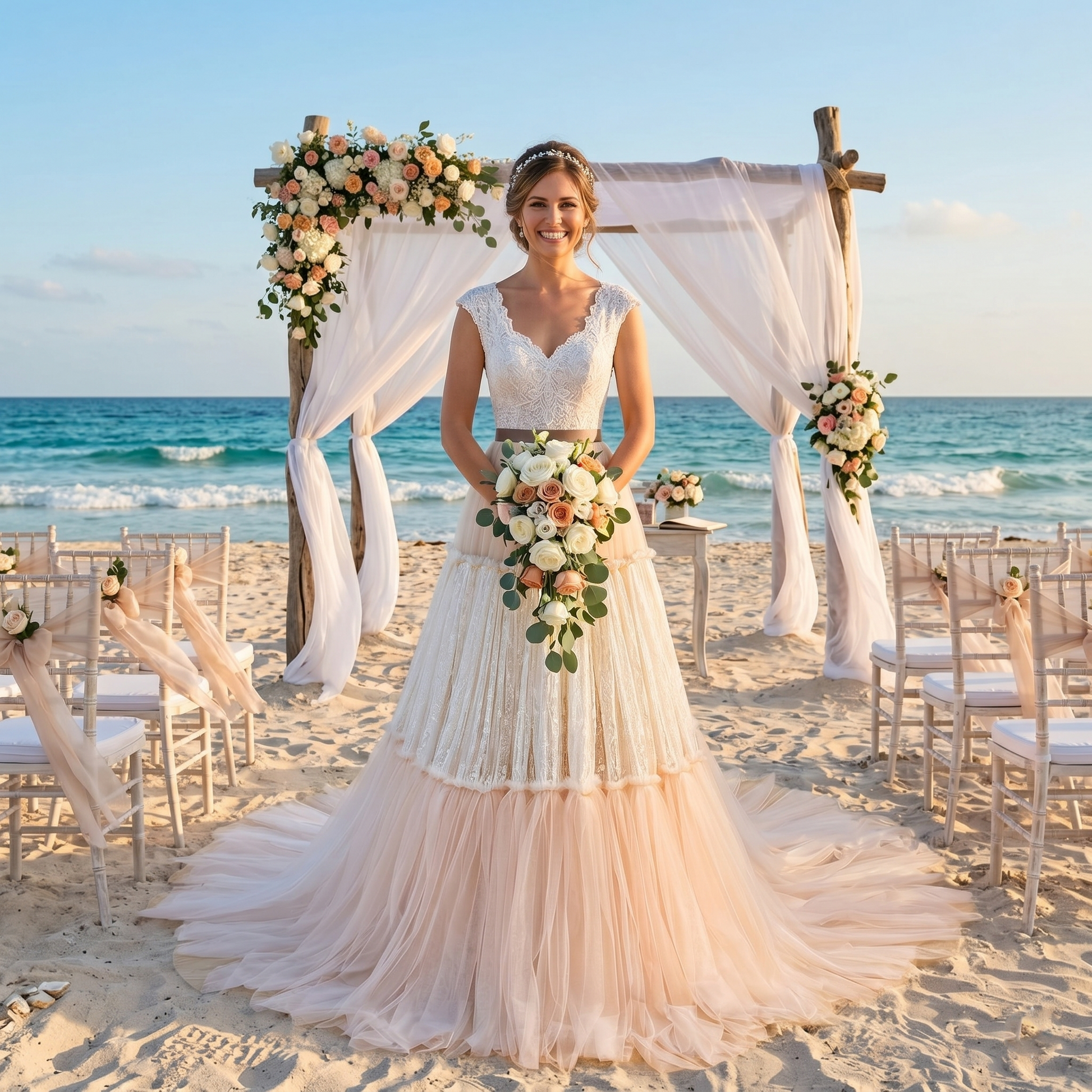 Model wearing an elegant layered tulle and lace evening dress at a beach wedding ceremony.