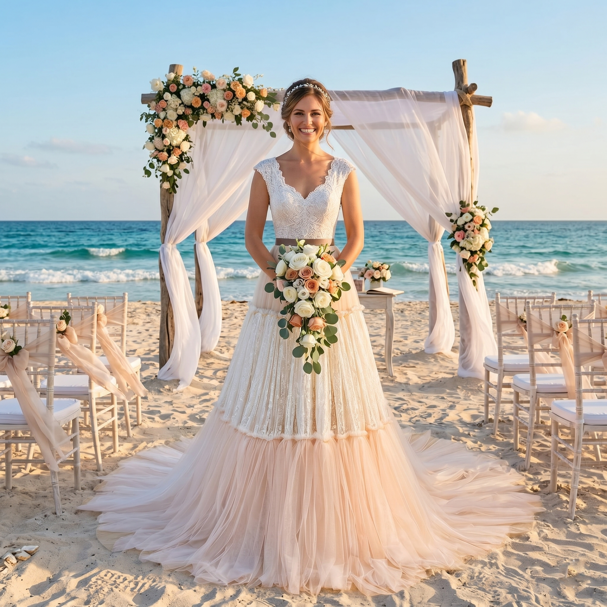 Model wearing an elegant layered tulle and lace evening dress at a beach wedding ceremony.