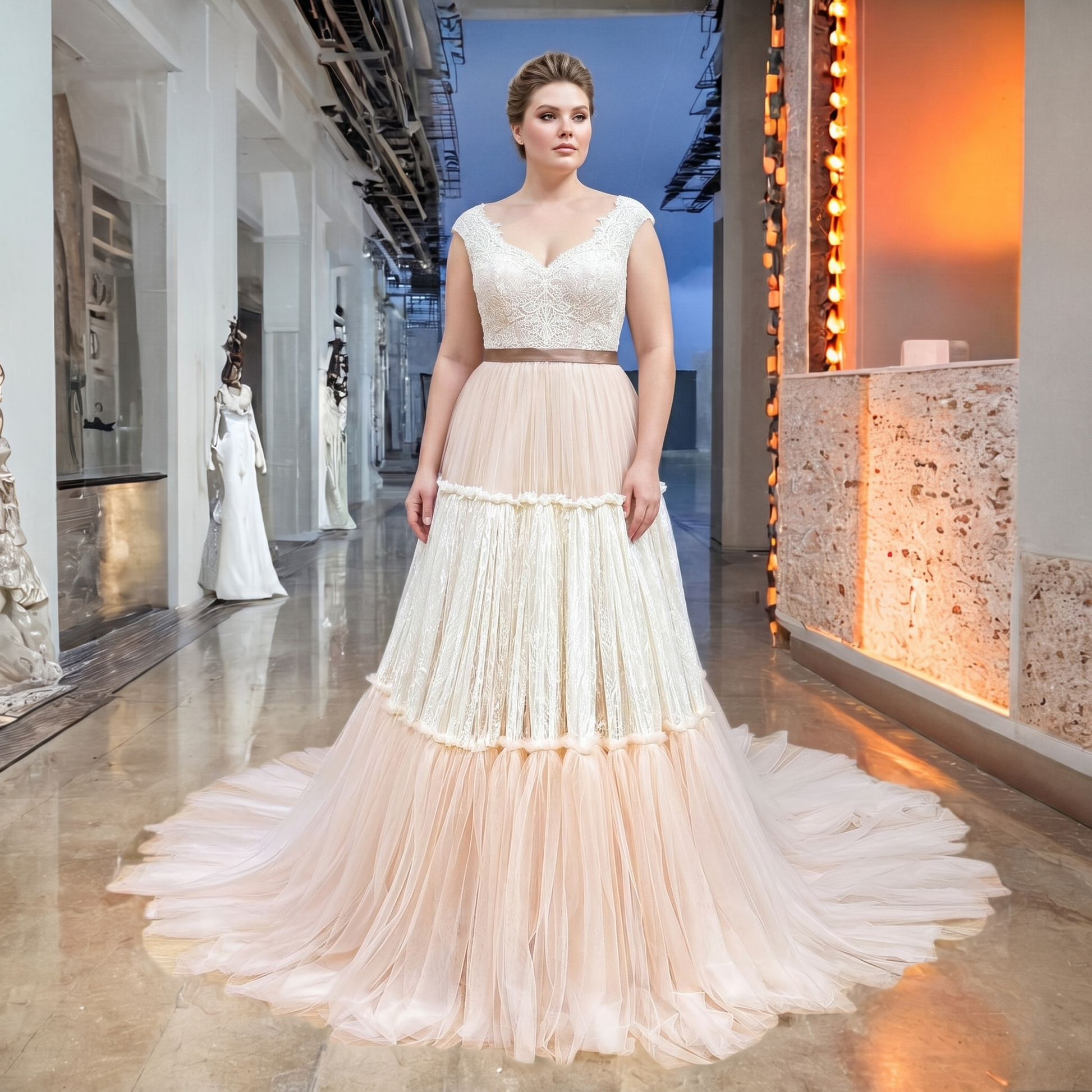 Full-length shot of a model wearing an elegant sweetheart neck layered tulle and lace evening gown in a studio setting.