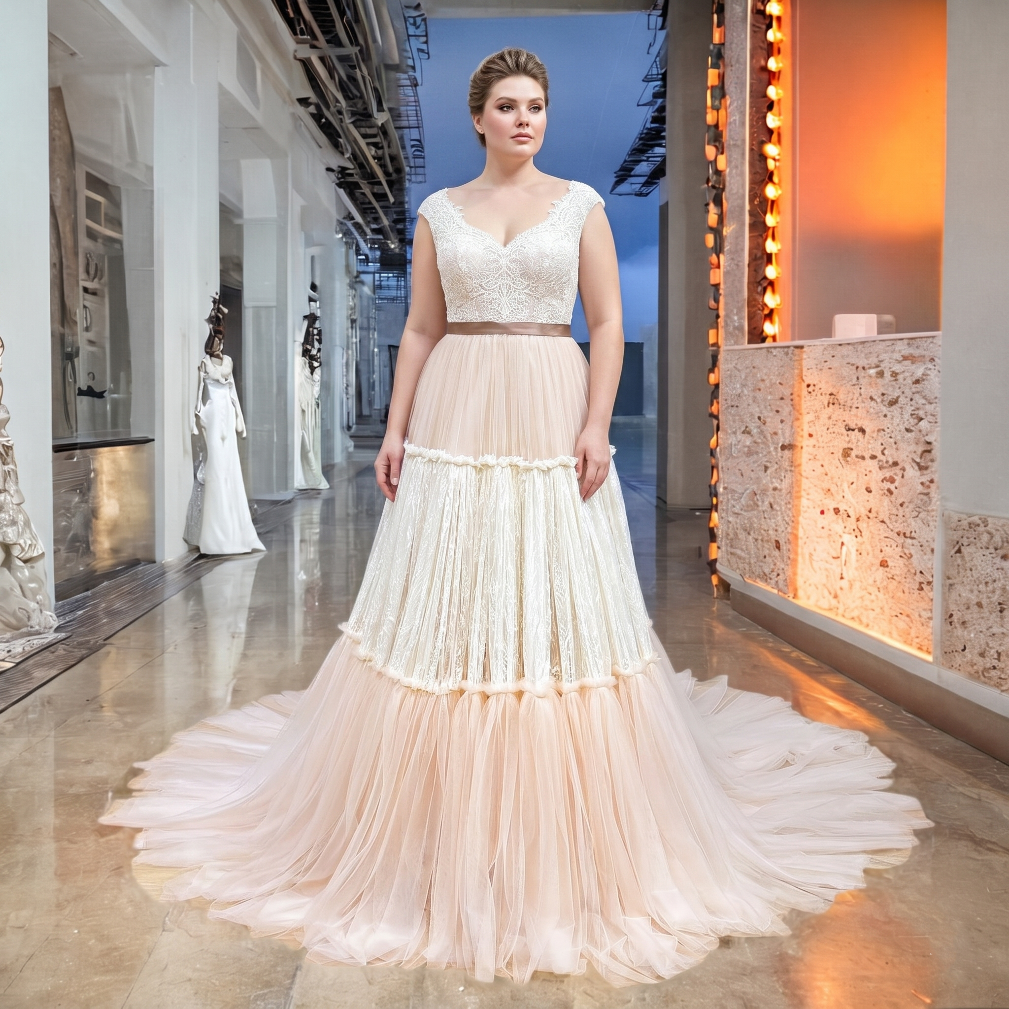 Full-length shot of a model wearing an elegant sweetheart neck layered tulle and lace evening gown in a studio setting.