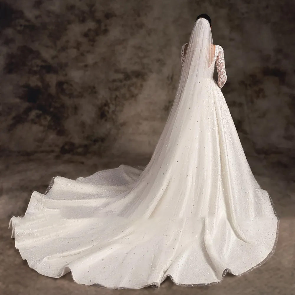 Back view of a princess-style A-line wedding dress featuring delicate lace, a scalloped backless design, and a dramatic court train with a veil.