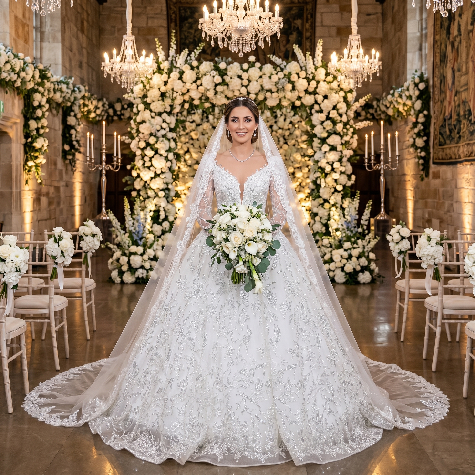 Bride wearing an elegant long-sleeve ball gown wedding dress with an illusion back at an outdoor garden ceremony.
