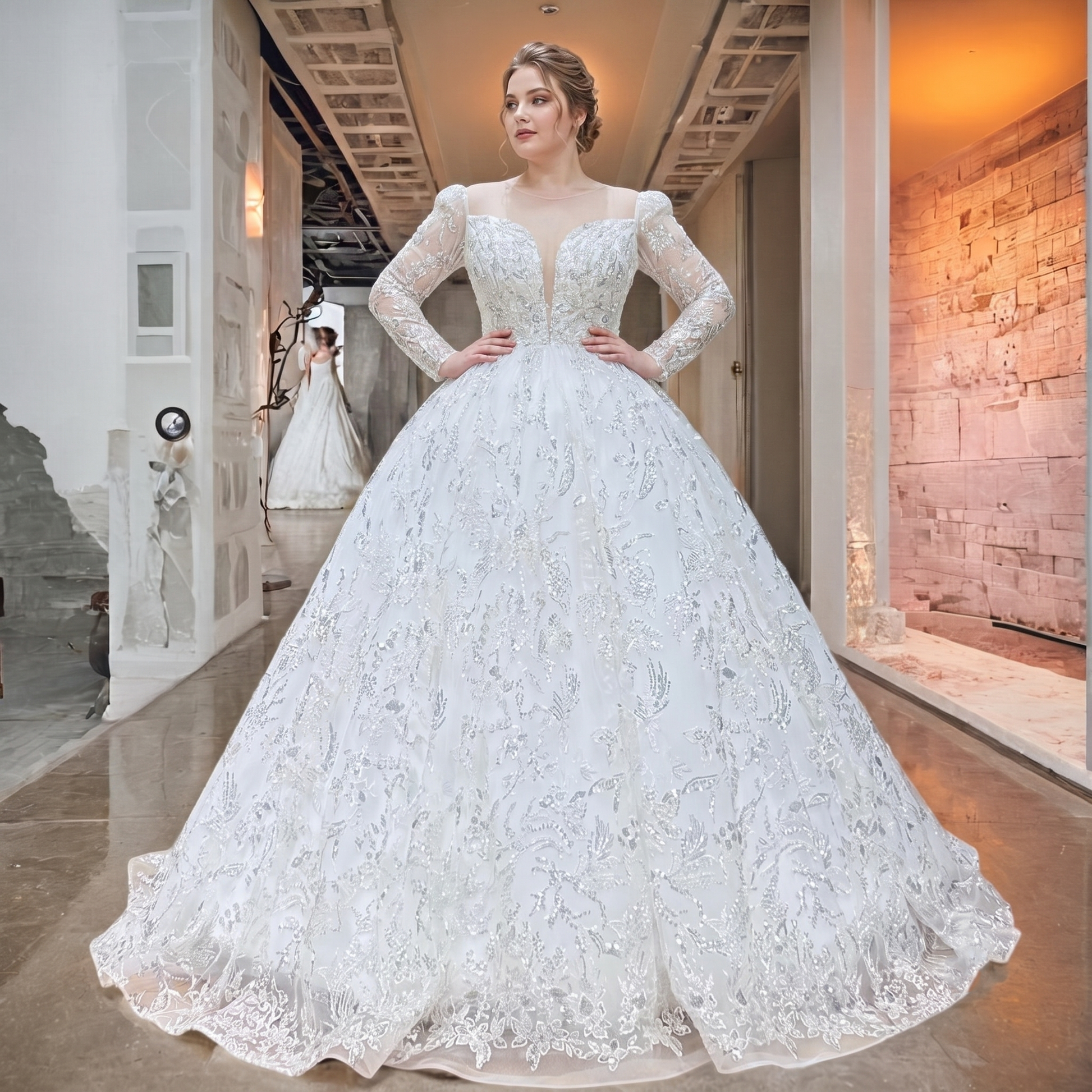 Full-length shot of a model wearing an elegant long-sleeve lace ball gown wedding dress with an illusion back in a boutique hallway.