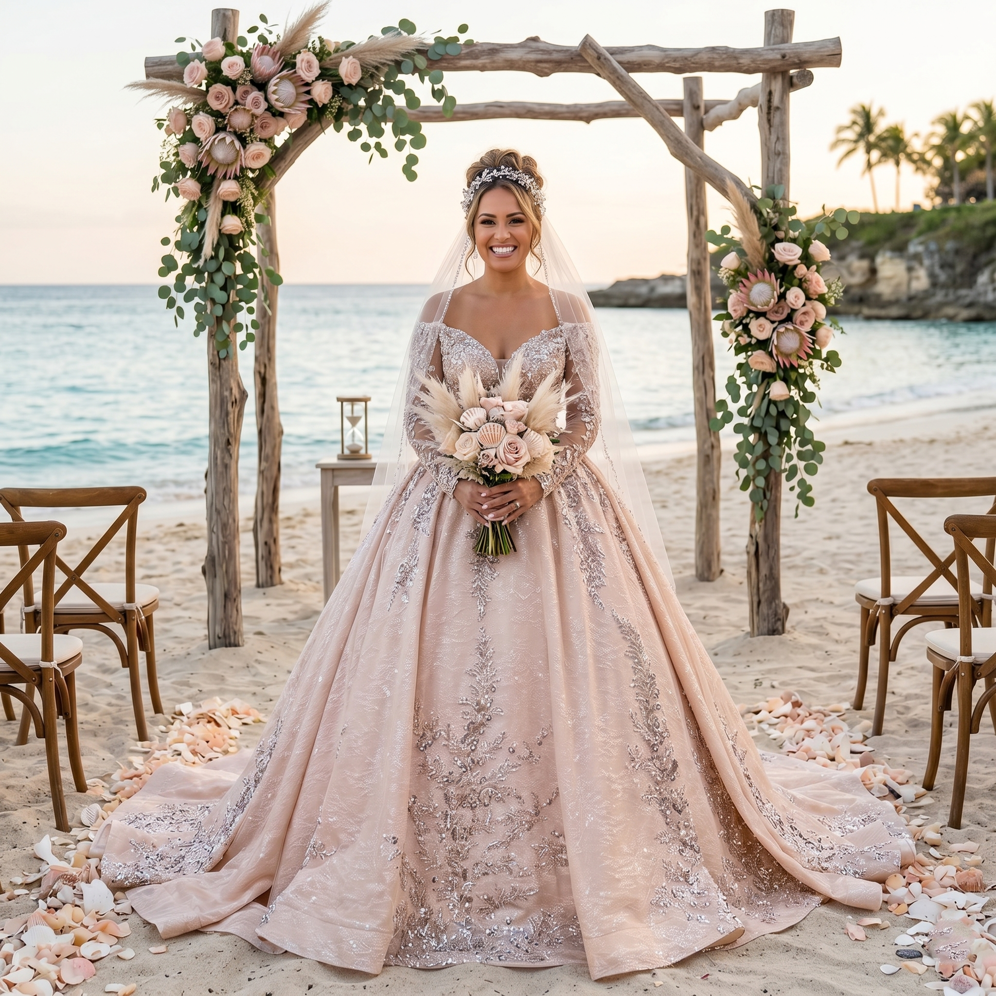 Elegant long sleeve wedding dress with intricate beaded lace detailing and a romantic sweetheart neckline, displayed on a mannequin in a studio hallway.