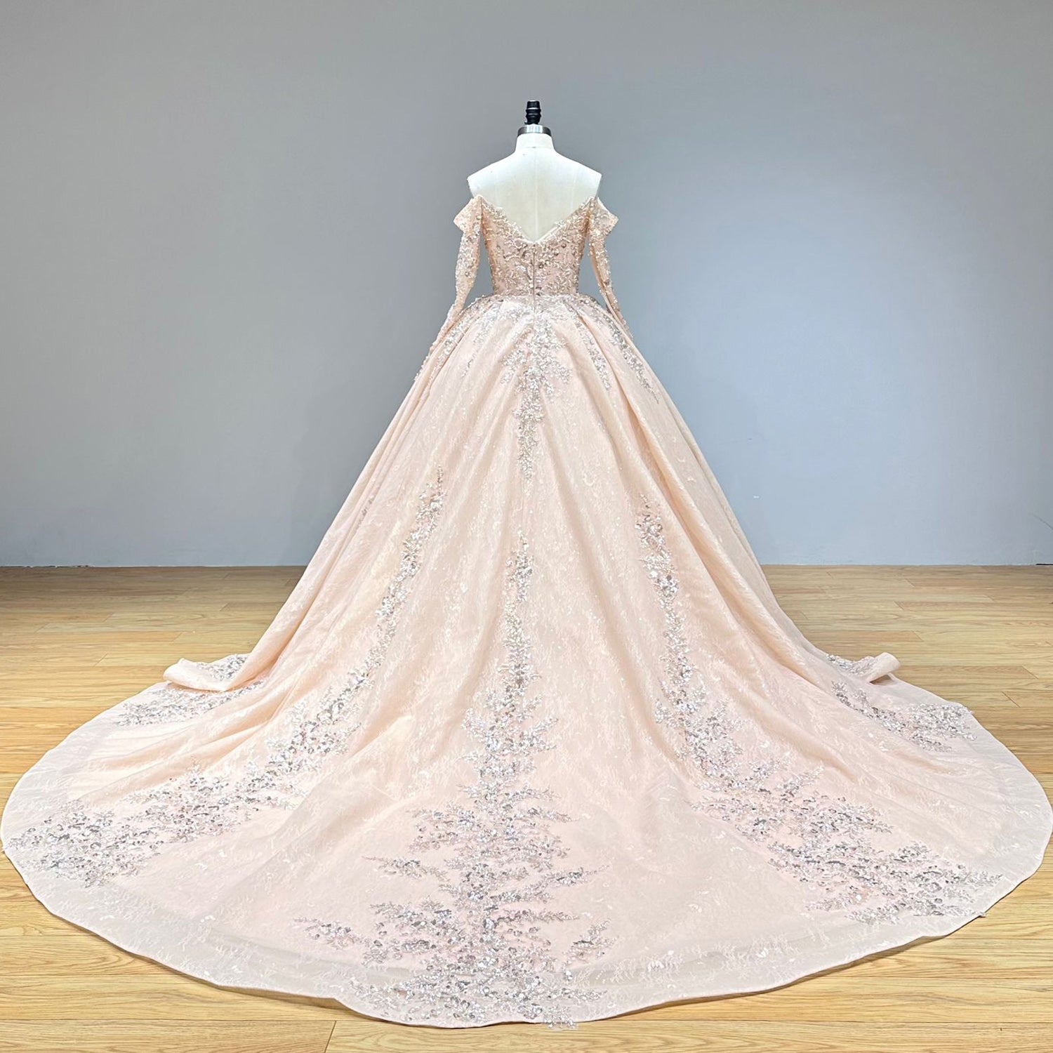 Dramatic full back view of a long sleeve wedding dress with beaded lace, displaying the delicate illusion back design and a sweeping, detailed train on a mannequin.