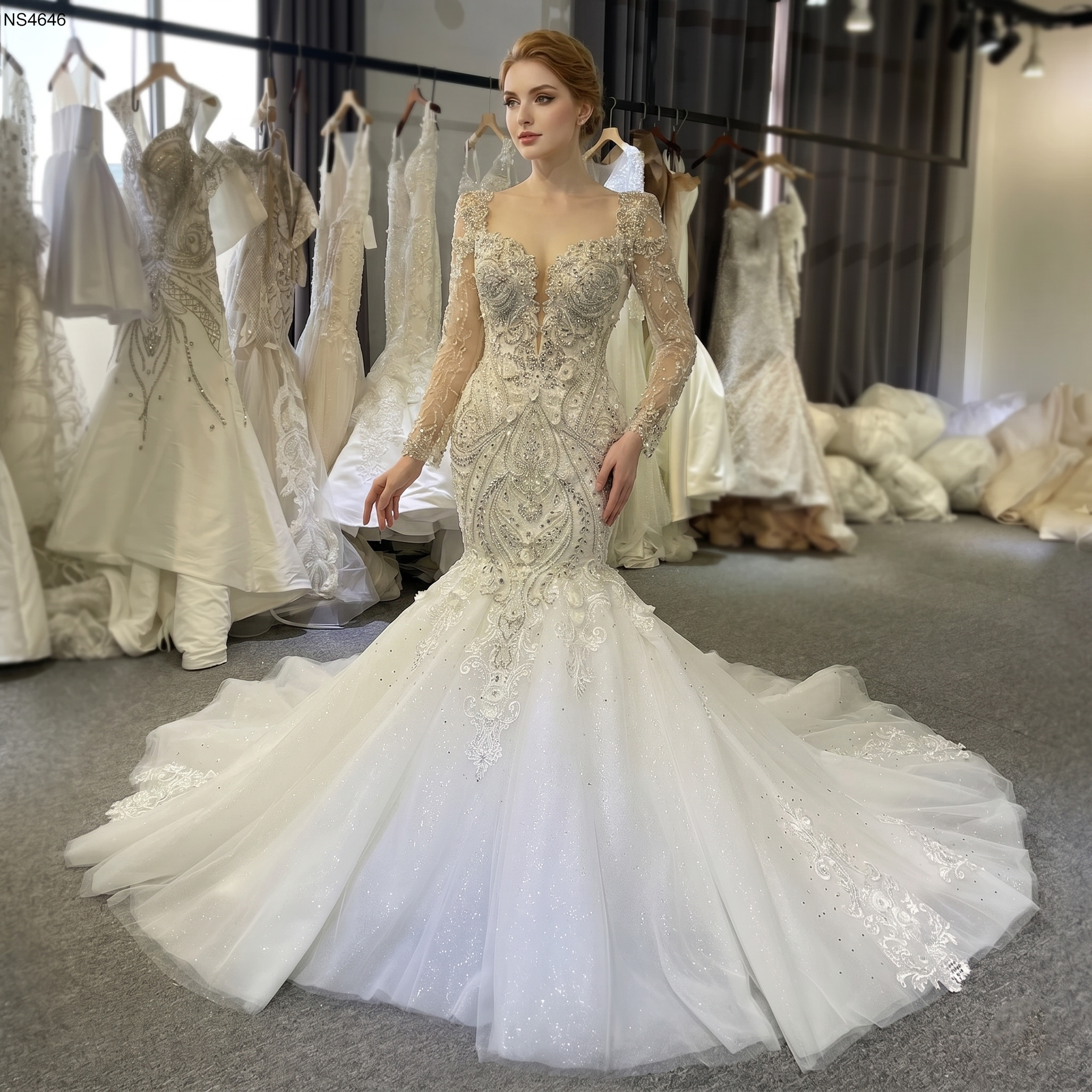 Front view of a bride wearing an elegant long-sleeved lace mermaid wedding gown featuring heavy crystal beadwork, an illusion plunging neckline, and a voluminous flared train.