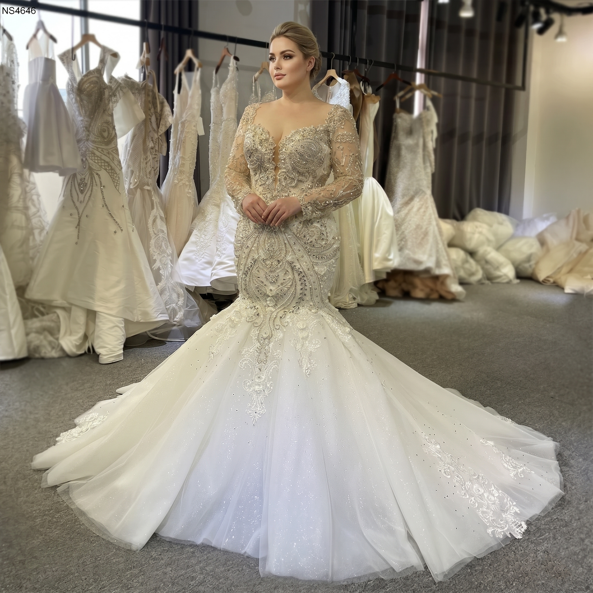 Plus-size bridal fashion showcasing a long-sleeved mermaid wedding dress with an intricate beaded bodice and a dramatic sweeping tulle train.