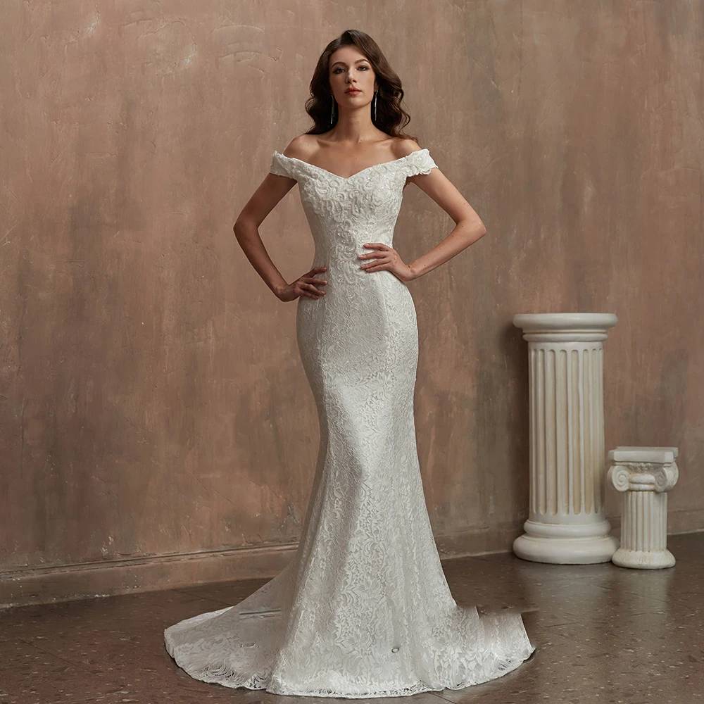 Full-length front view of an elegant lace mermaid wedding dress featuring an off-the-shoulder sweetheart neckline and slim-fit silhouette.