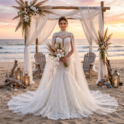 A bride posing elegantly in an off-the-shoulder mermaid wedding dress featuring a matching shawl, captured in a romantic, sunlit outdoor setting.