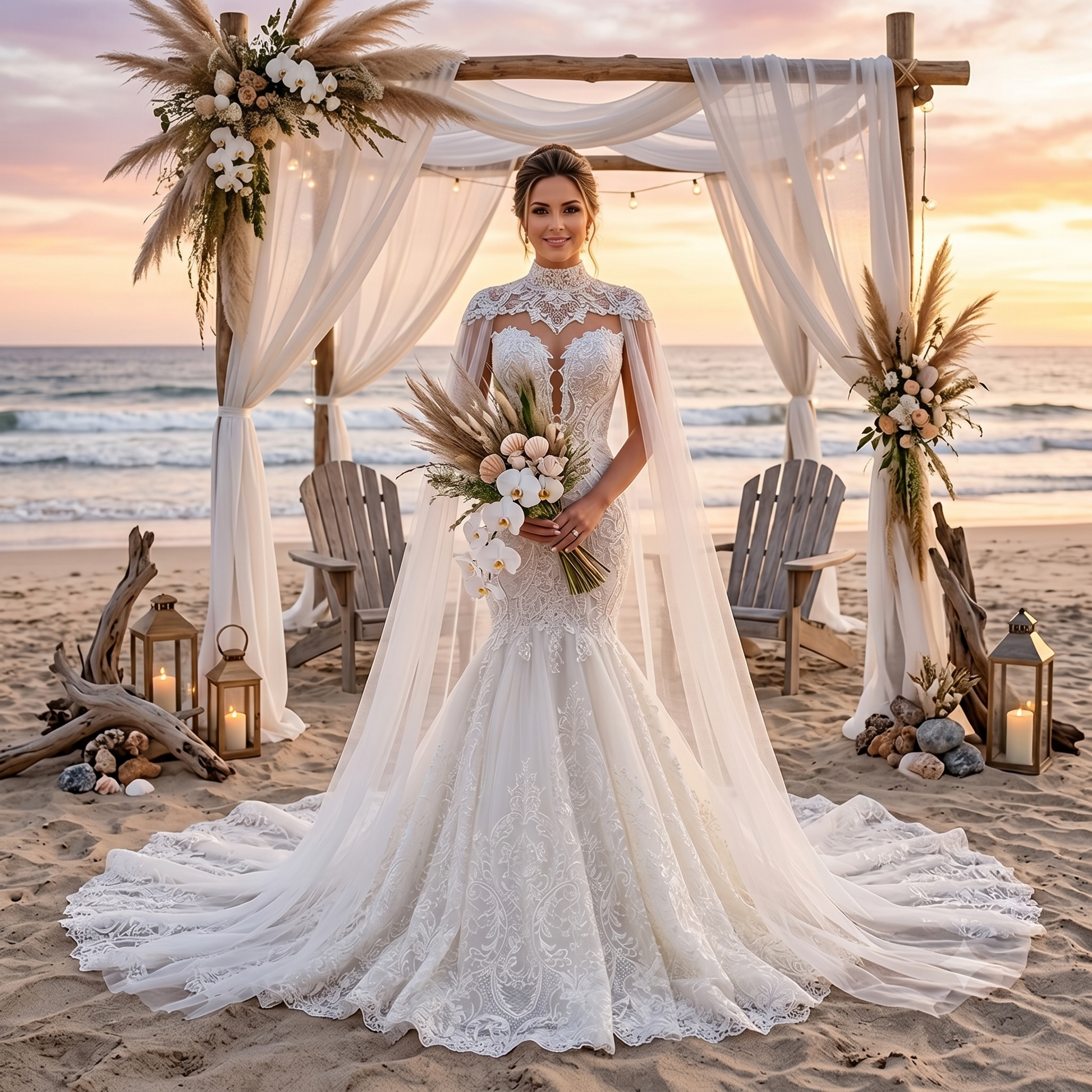 A bride posing elegantly in an off-the-shoulder mermaid wedding dress featuring a matching shawl, captured in a romantic, sunlit outdoor setting.