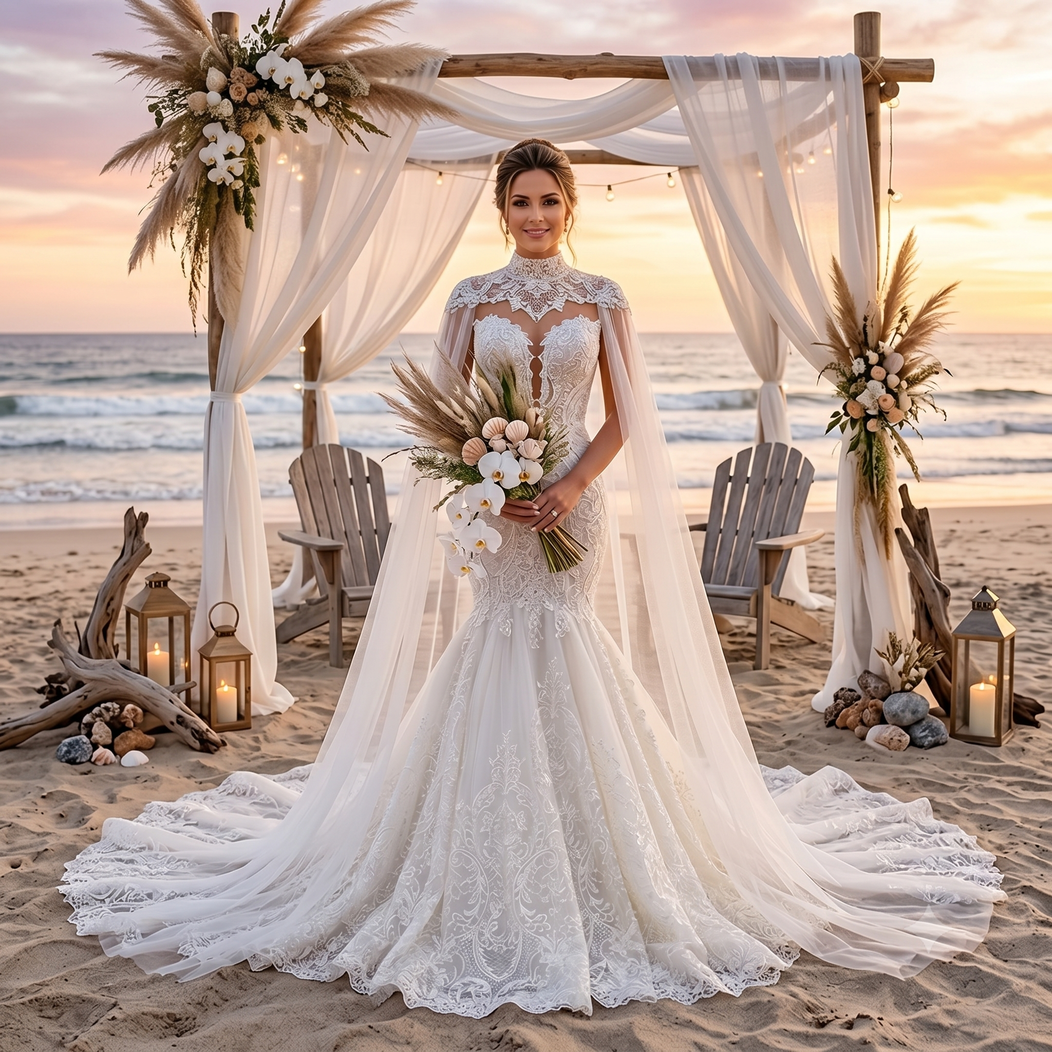 A bride posing elegantly in an off-the-shoulder mermaid wedding dress featuring a matching shawl, captured in a romantic, sunlit outdoor setting.