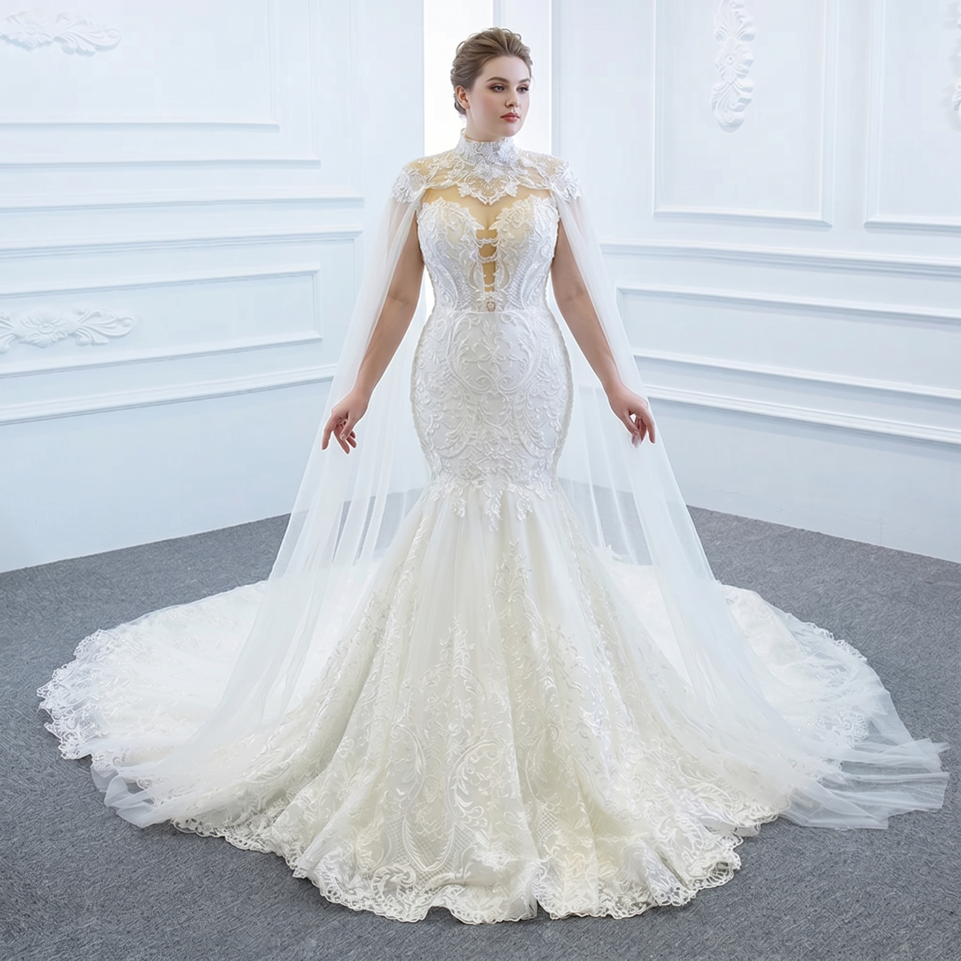 Full-length view of a bride wearing a luxury mermaid wedding gown with an off-the-shoulder neckline and elegant matching bridal shawl.