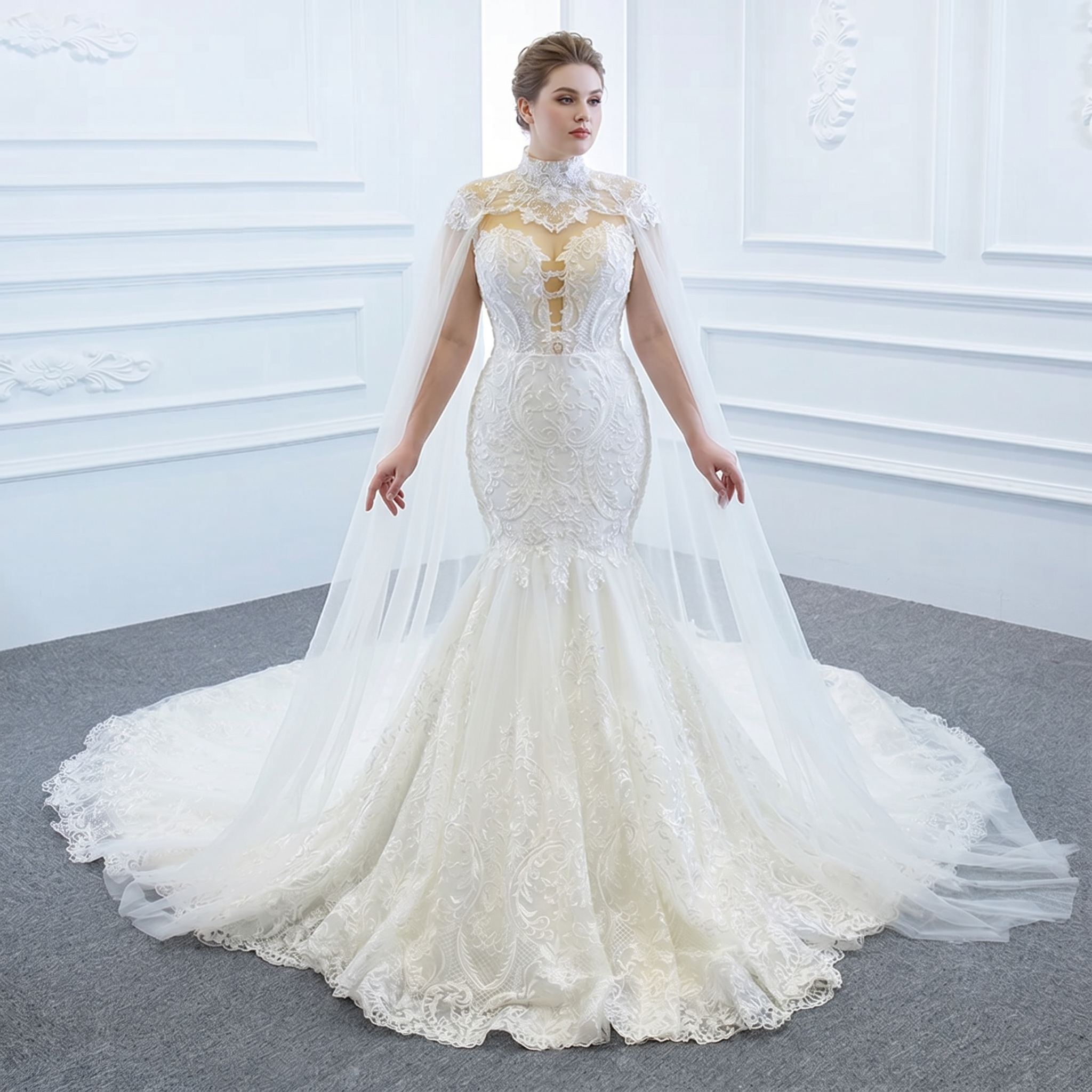 Full-length view of a bride wearing a luxury mermaid wedding gown with an off-the-shoulder neckline and elegant matching bridal shawl.