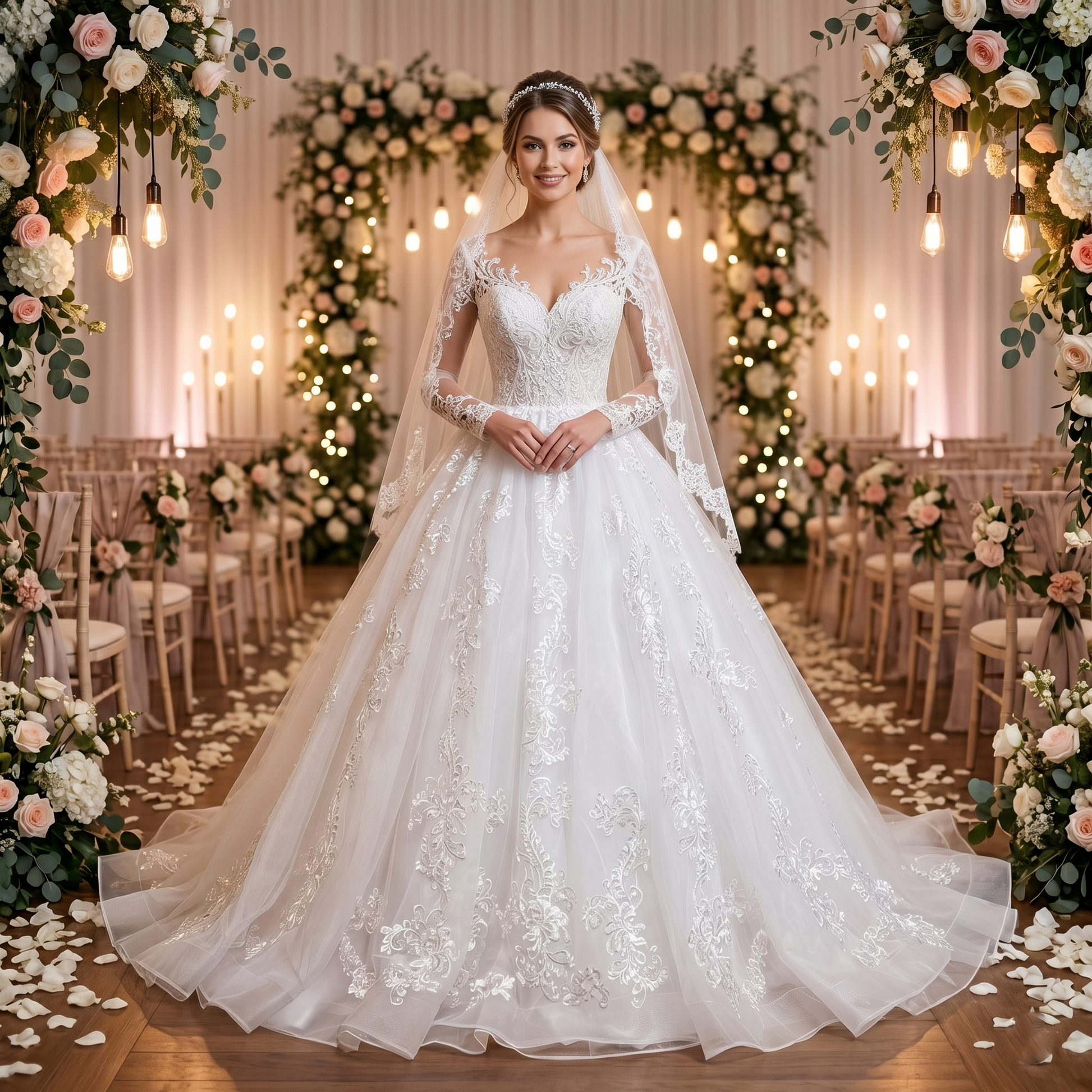 Elegant O-neck ball gown wedding dress with sheer long sleeves and intricate lace, worn by a bride in a grand venue.