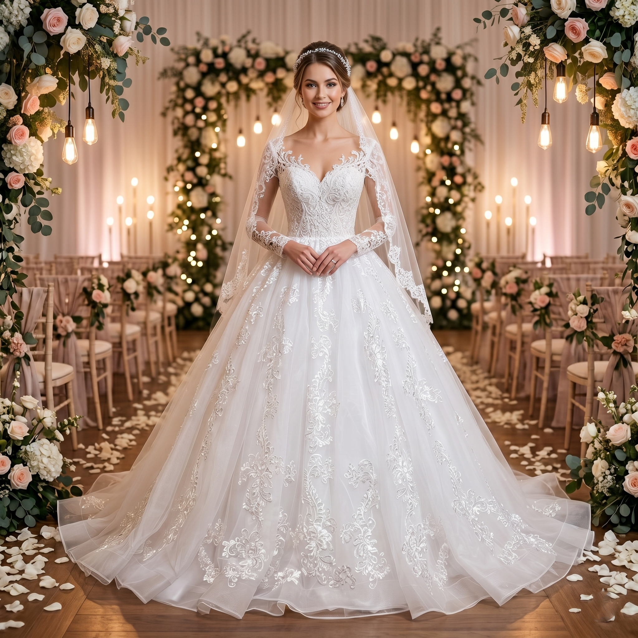 Elegant O-neck ball gown wedding dress with sheer long sleeves and intricate lace, worn by a bride in a grand venue.