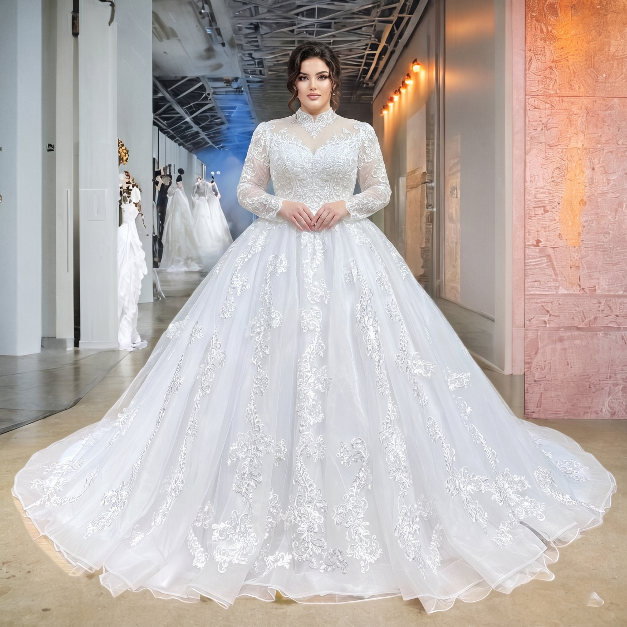 Plus-size model showcasing a luxury bridal gown with a classic O-neck, long sleeves, and a voluminous ball gown skirt in a modern indoor space.