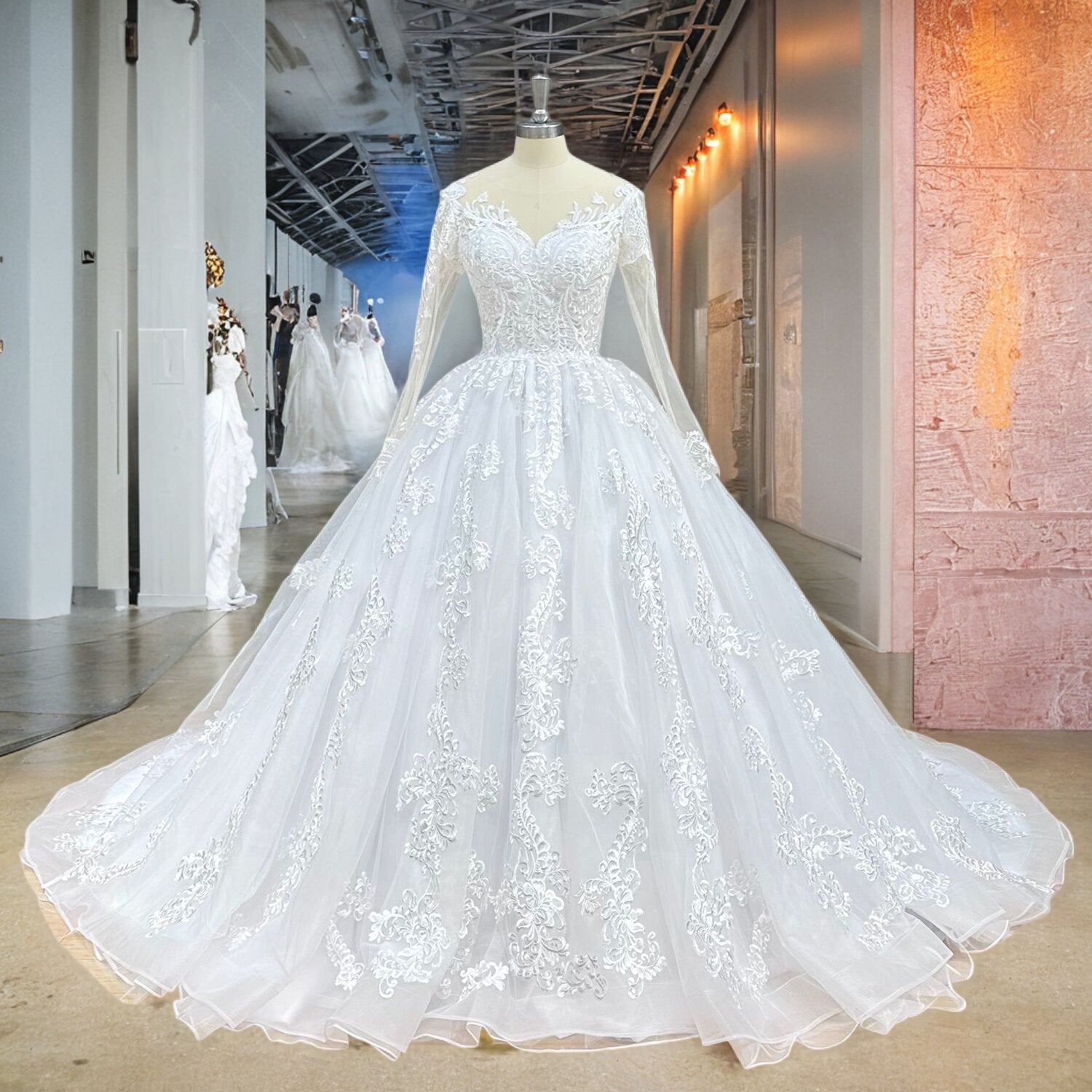 Full front view of a sophisticated O-neck ball gown wedding dress on a mannequin, highlighting the detailed lace sleeves and elegant skirt.