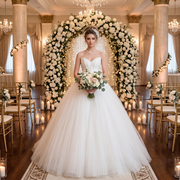 A beautiful bride in an elegant strapless A-line wedding dress with a sweetheart neckline, standing under a floral arch in a ballroom.