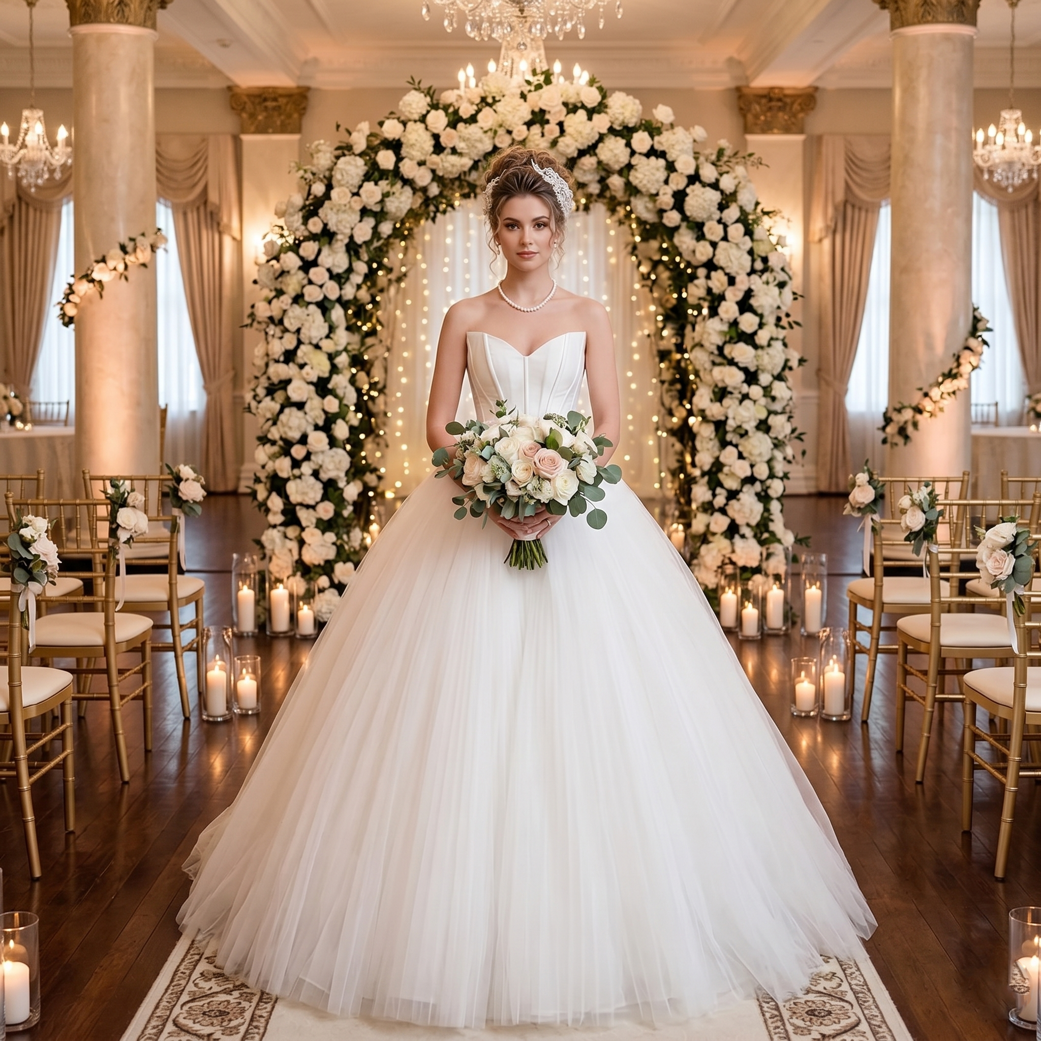 A beautiful bride in an elegant strapless A-line wedding dress with a sweetheart neckline, standing under a floral arch in a ballroom.