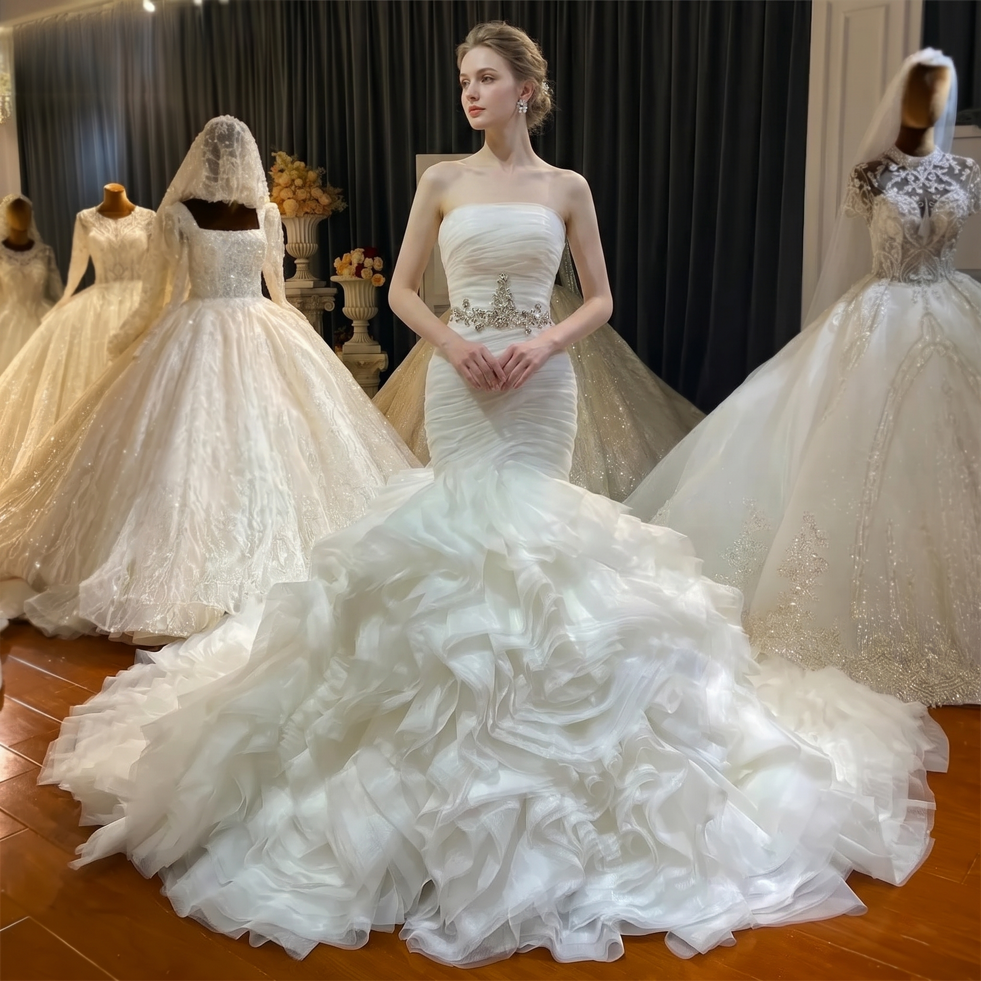 Front view of a model wearing an elegant off-white strapless mermaid wedding dress with a ruched bodice and voluminous layered organza ruffles.