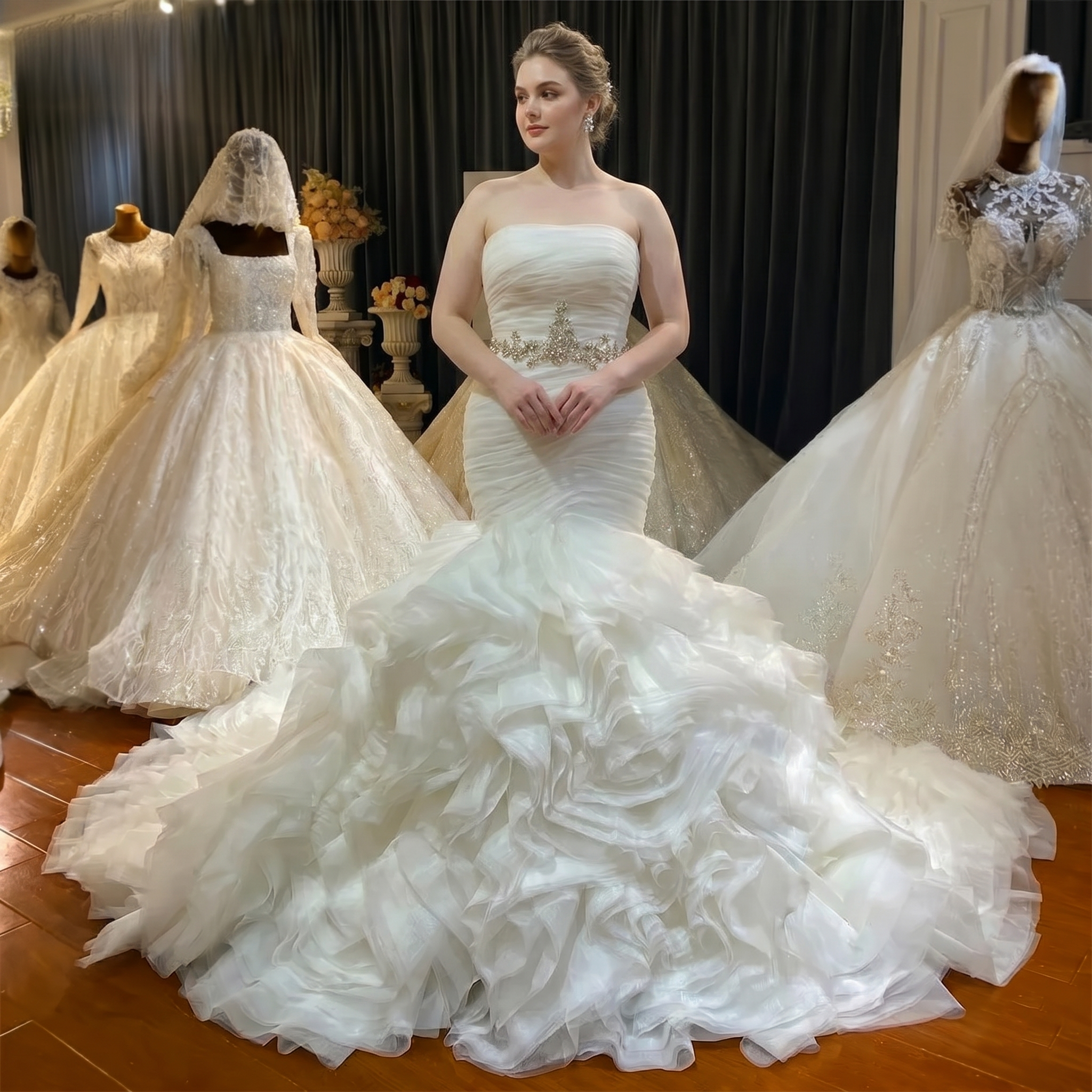 Plus-size model modeling a strapless off-white mermaid bridal gown featuring a crystal-embellished waist detail and a dramatic ruffled organza skirt.
