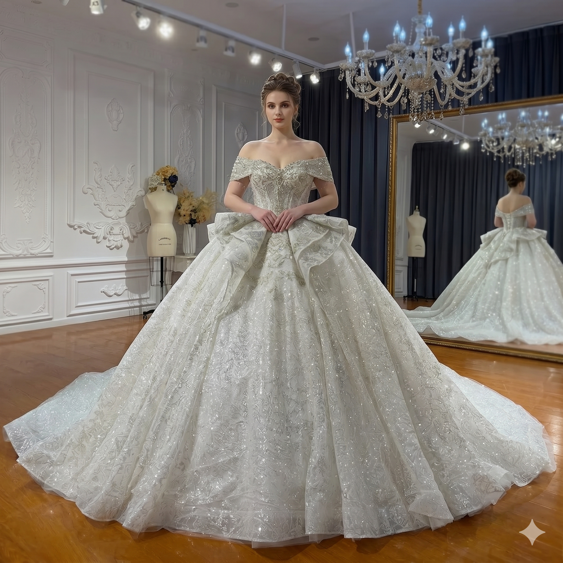 Shimmering off-the-shoulder colorful sequin bridal gown with a full-length flowing ball gown skirt and ruffled waist detail.