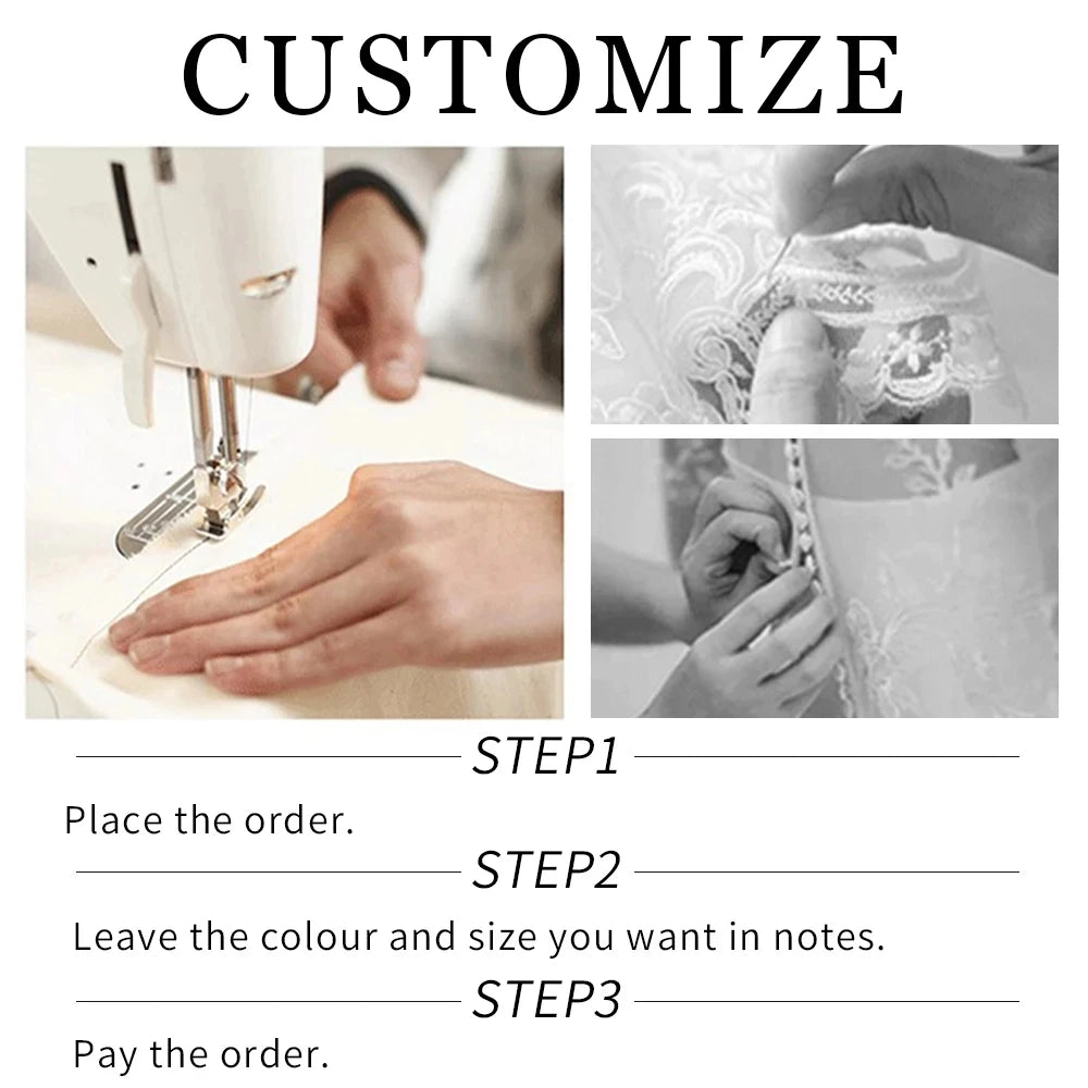 A step-by-step customization guide illustrating the process of ordering, selecting colors, and finalizing size details for a custom dress.
