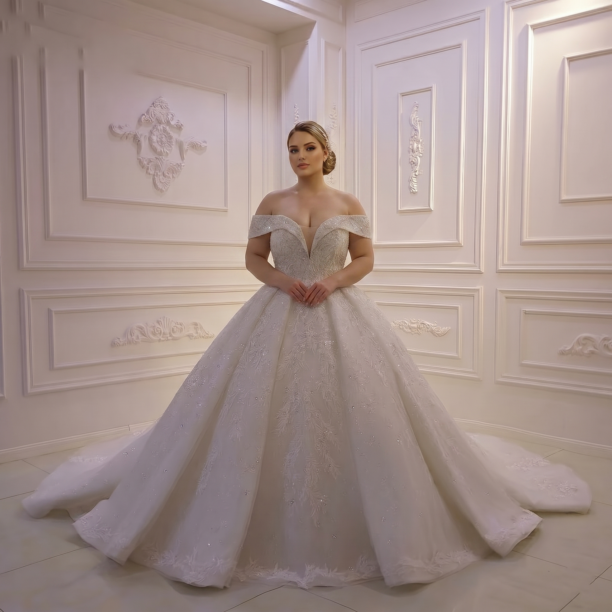 Close-up front view of a luxury bridal dress featuring a sweetheart neckline, intricate lace appliqués, and shimmering beaded details.