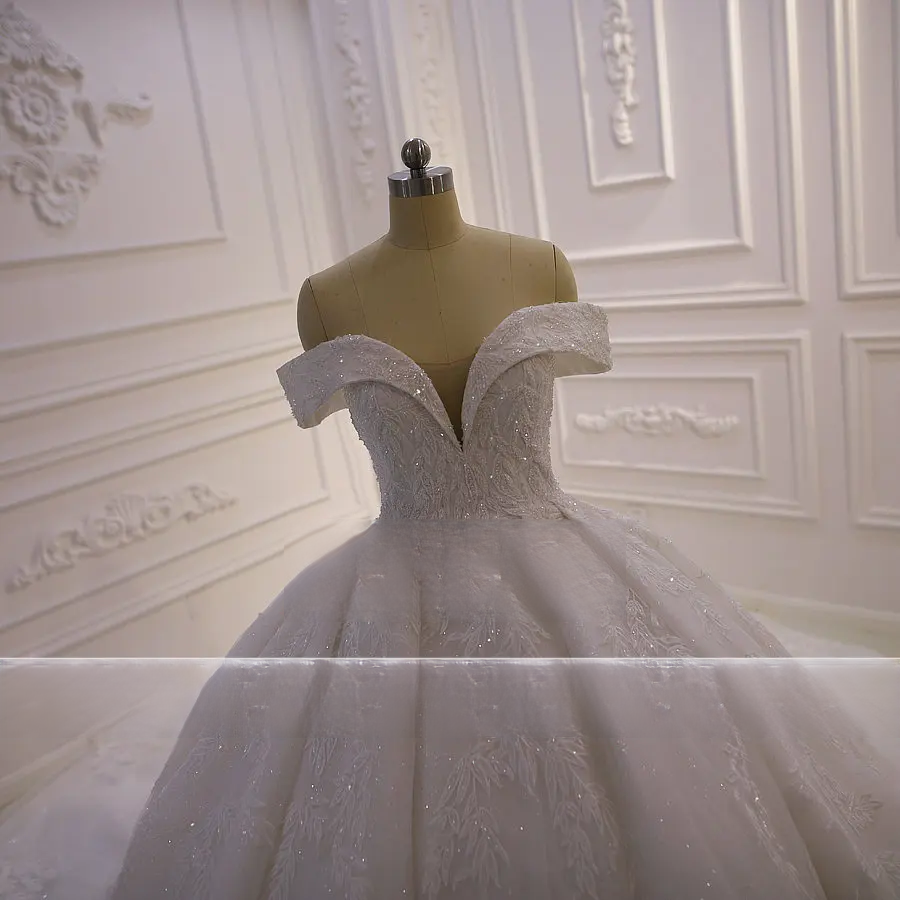 Back view of a lace-up corset wedding dress highlighting the detailed embroidery and expansive cathedral-length lace train.