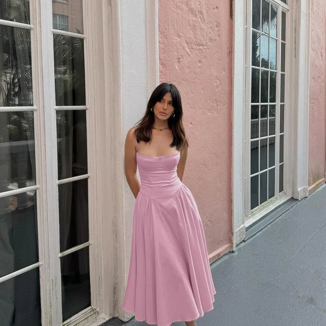 Elegant Pink Spaghetti Strap Midi Dress with Pocket Evening Party