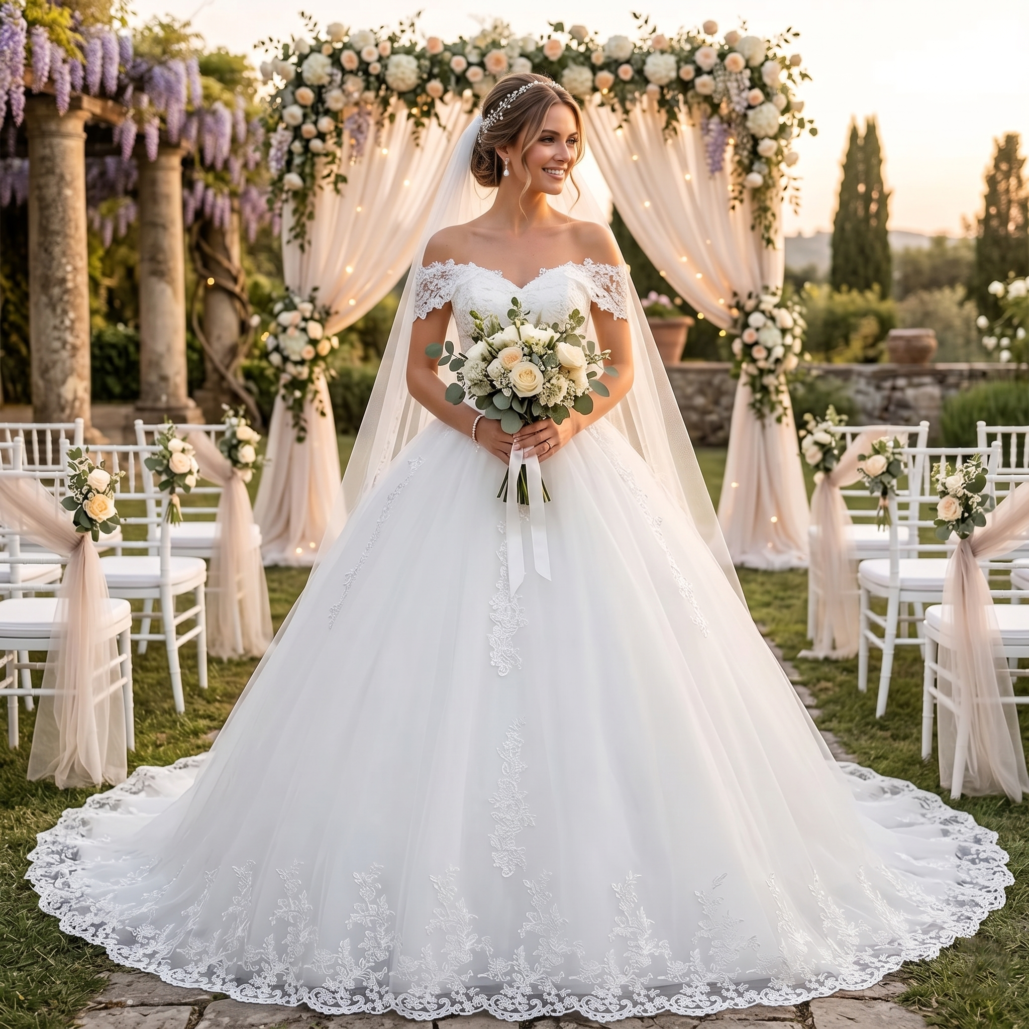 Full-length front view of a model wearing an elegant plus size off-shoulder wedding dress featuring a sweetheart neckline, exquisite lace appliques, delicate pearl beadwork, and a flowing tulle ball gown skirt.