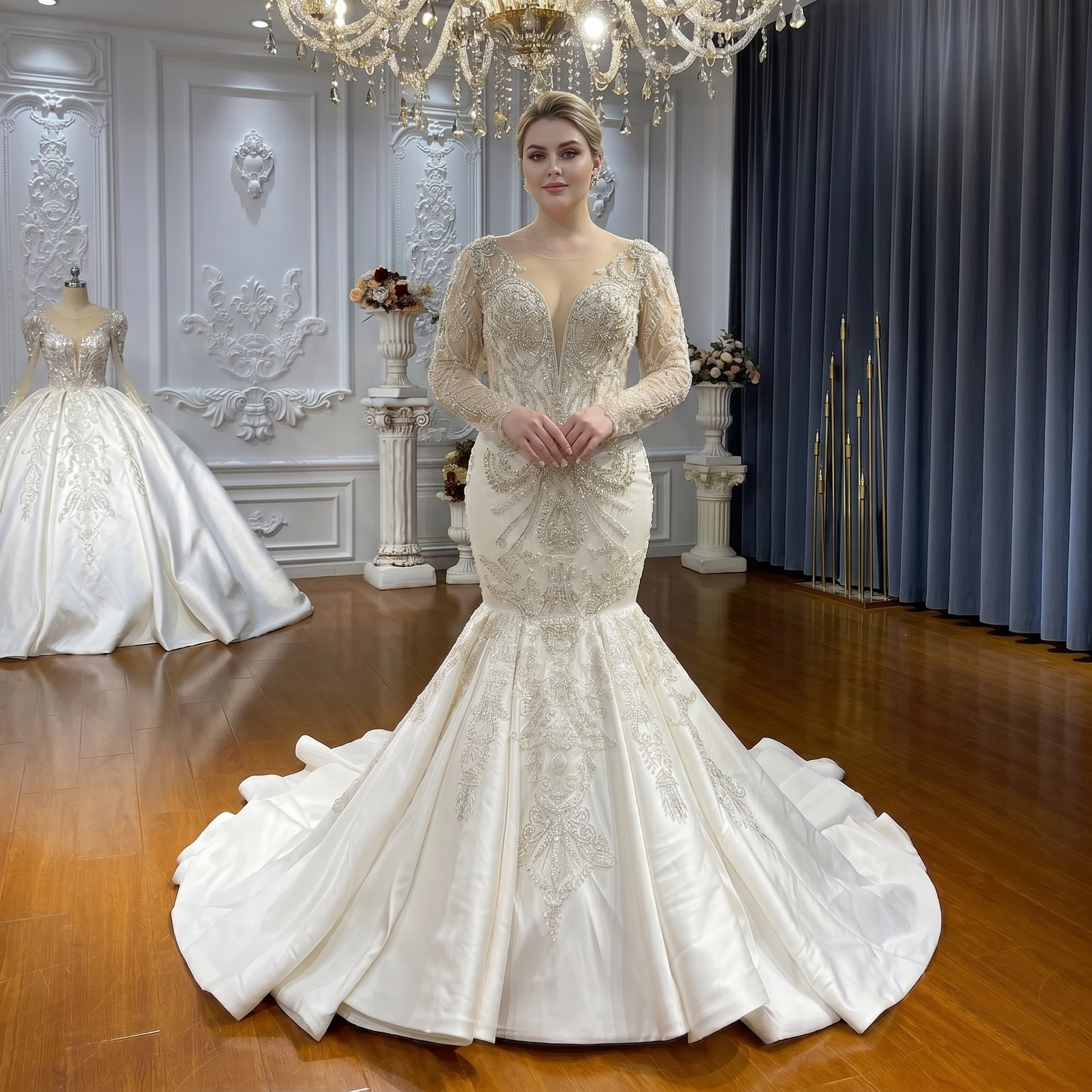 Plus-size bridal fashion showcasing a luxury off-the-shoulder satin mermaid wedding gown with a fitted beaded bodice and a voluminous flared skirt.