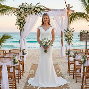 A bride posing at a beach wedding ceremony, wearing a simple, elegant boat neck mermaid wedding dress with a flattering slim silhouette.