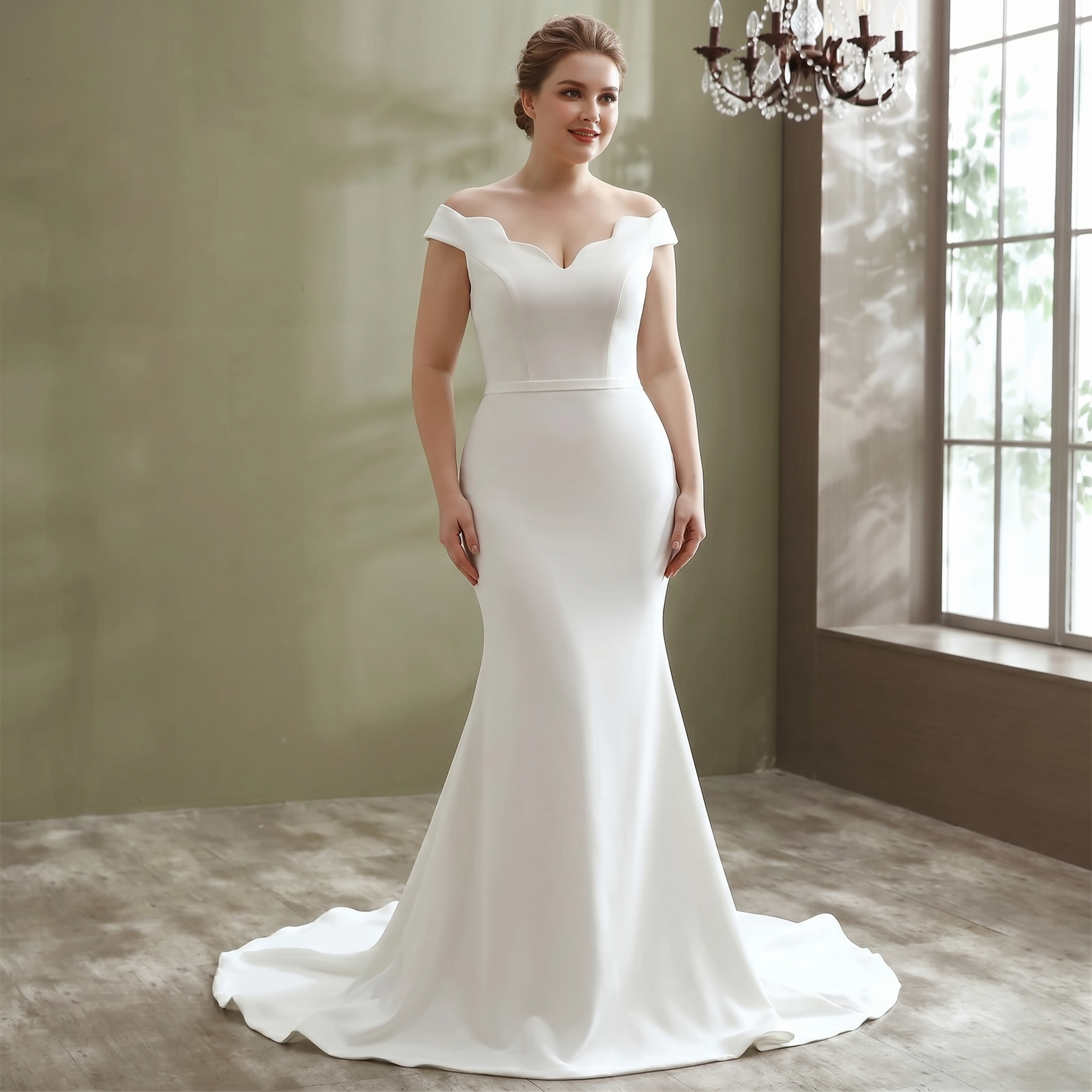 A plus-size model posing in a simple, elegant boat neck mermaid wedding dress, showcasing a clean, minimalist bridal style.