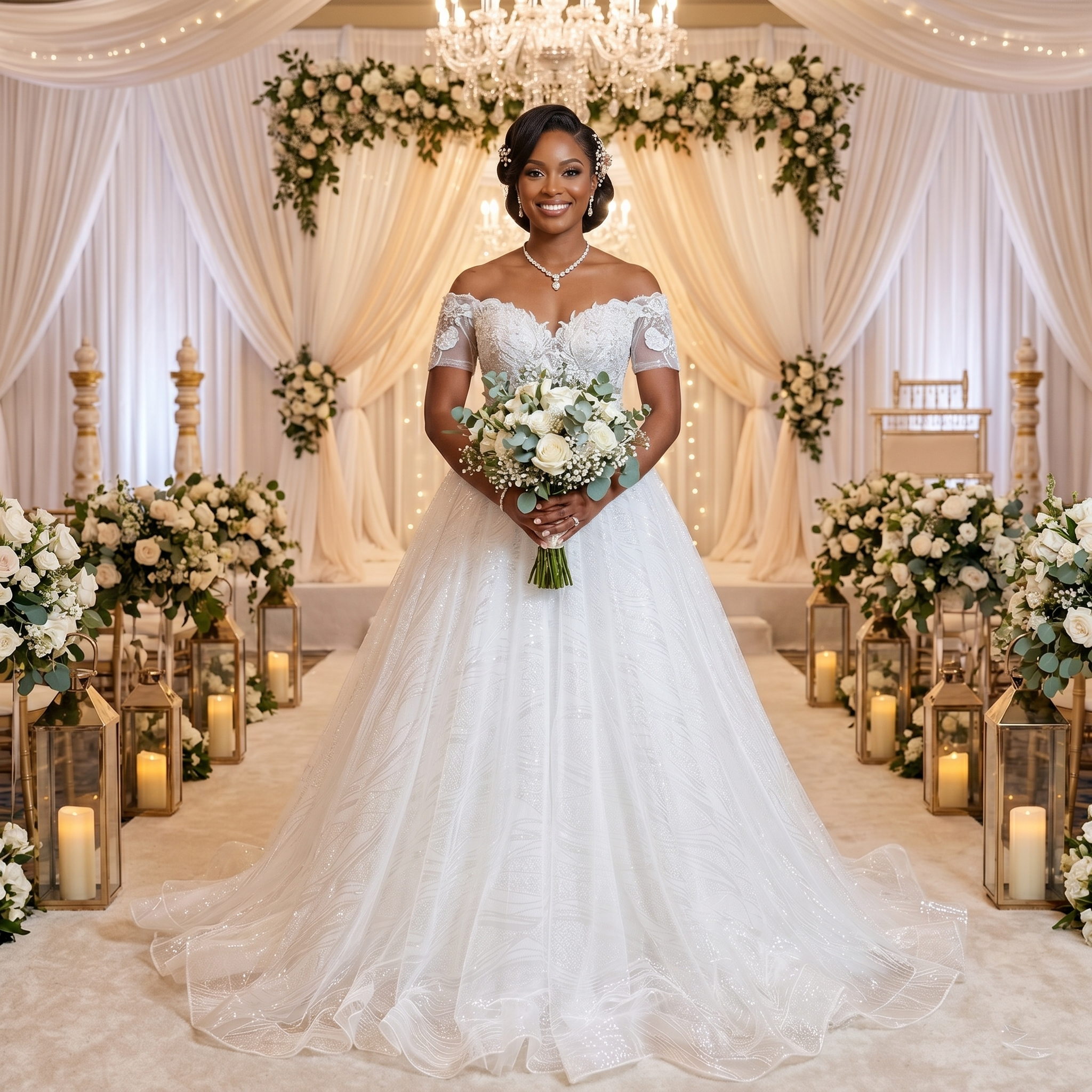 Smiling bride wearing an elegant short sleeve A-line sequined wedding dress holding a white rose bouquet in a luxury indoor ceremony hall.