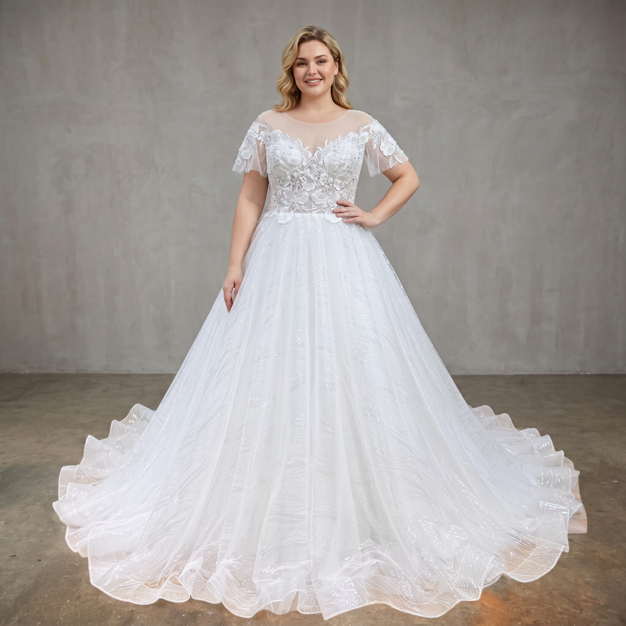Studio portrait of a plus-size bride modeling a sparkly A-line bridal gown with sheer flutter sleeves and a floral lace bodice.