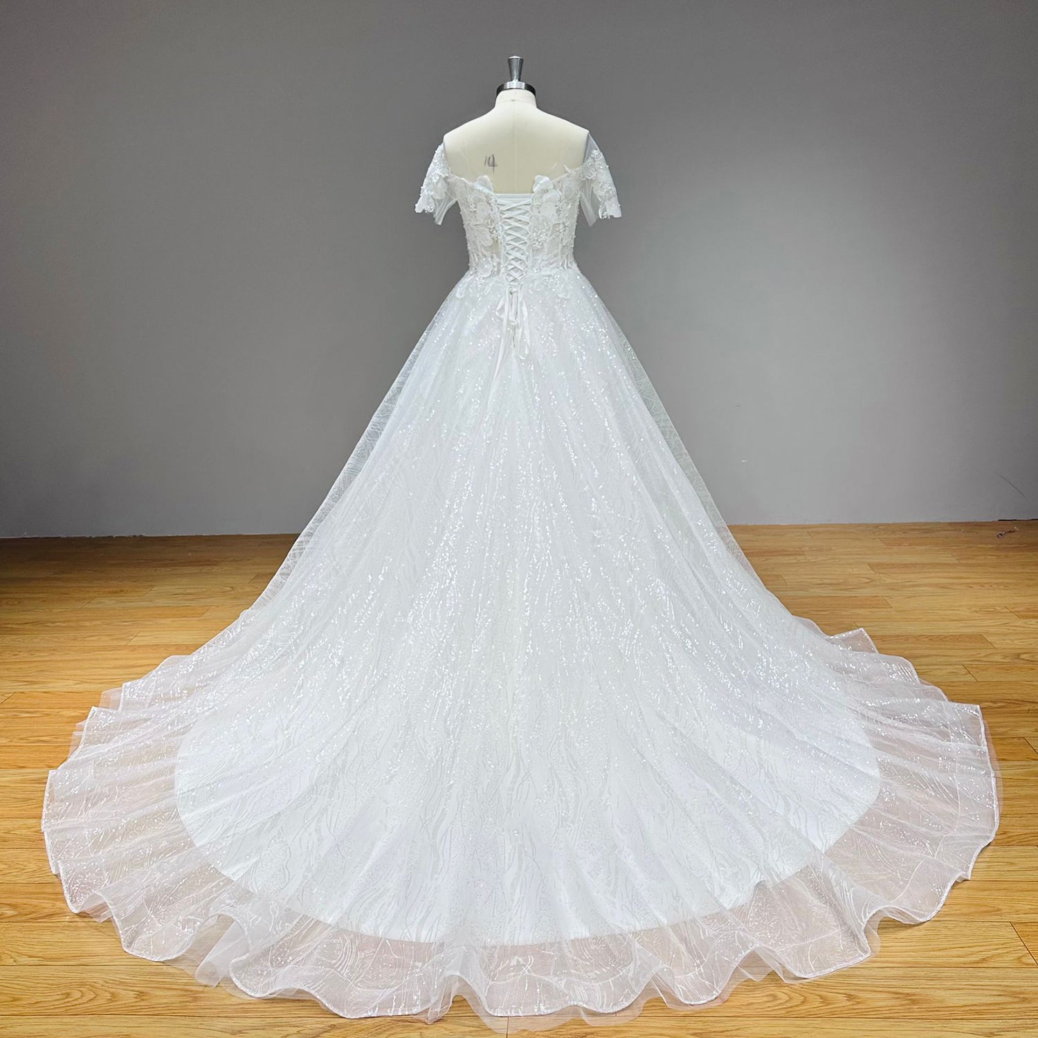 Full back view of an A-line wedding dress on a dress form, showcasing the classic lace-up corset back closure and flowing glitter train.