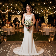 Elegant bride wearing a simple lace sleeveless mermaid wedding dress in a garden setting at night, illuminated by string lights.