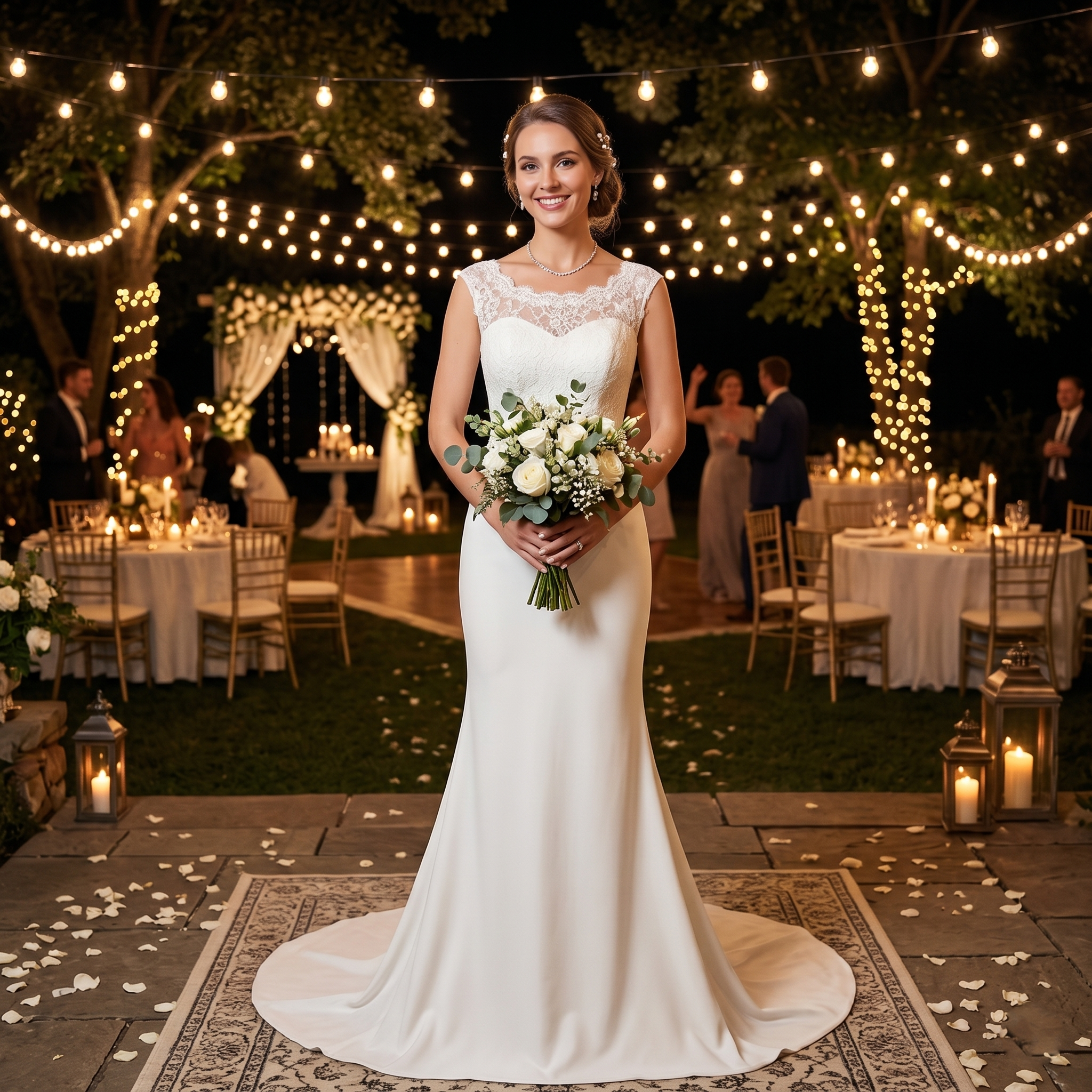 Elegant bride wearing a simple lace sleeveless mermaid wedding dress in a garden setting at night, illuminated by string lights.