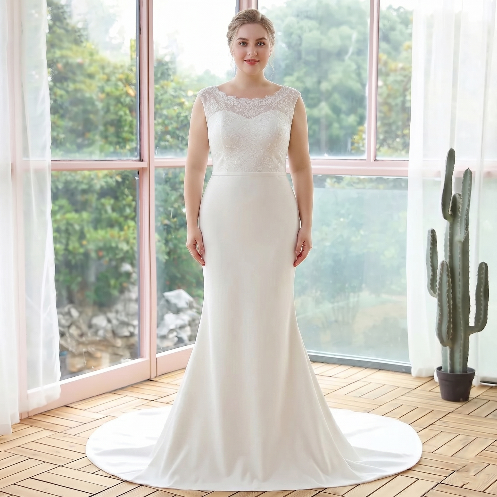 Full-length view of a bride wearing a simple lace sleeveless mermaid wedding dress, posing by a window with a natural backdrop.